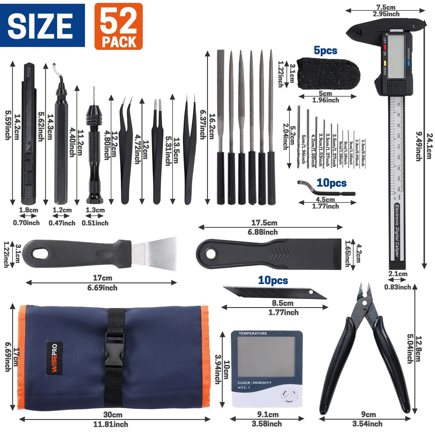 مجموعه ابزار چاپ سه بعدی 52 تکه، شامل ابزار پرداخت لبه، مجموعه سنباده، کاردک، کولیس، رطوبت سنج و دماسنج و کیف، مجموعه ابزار چاپ سه بعدی برای برداشتن، پیرایش و پرداخت