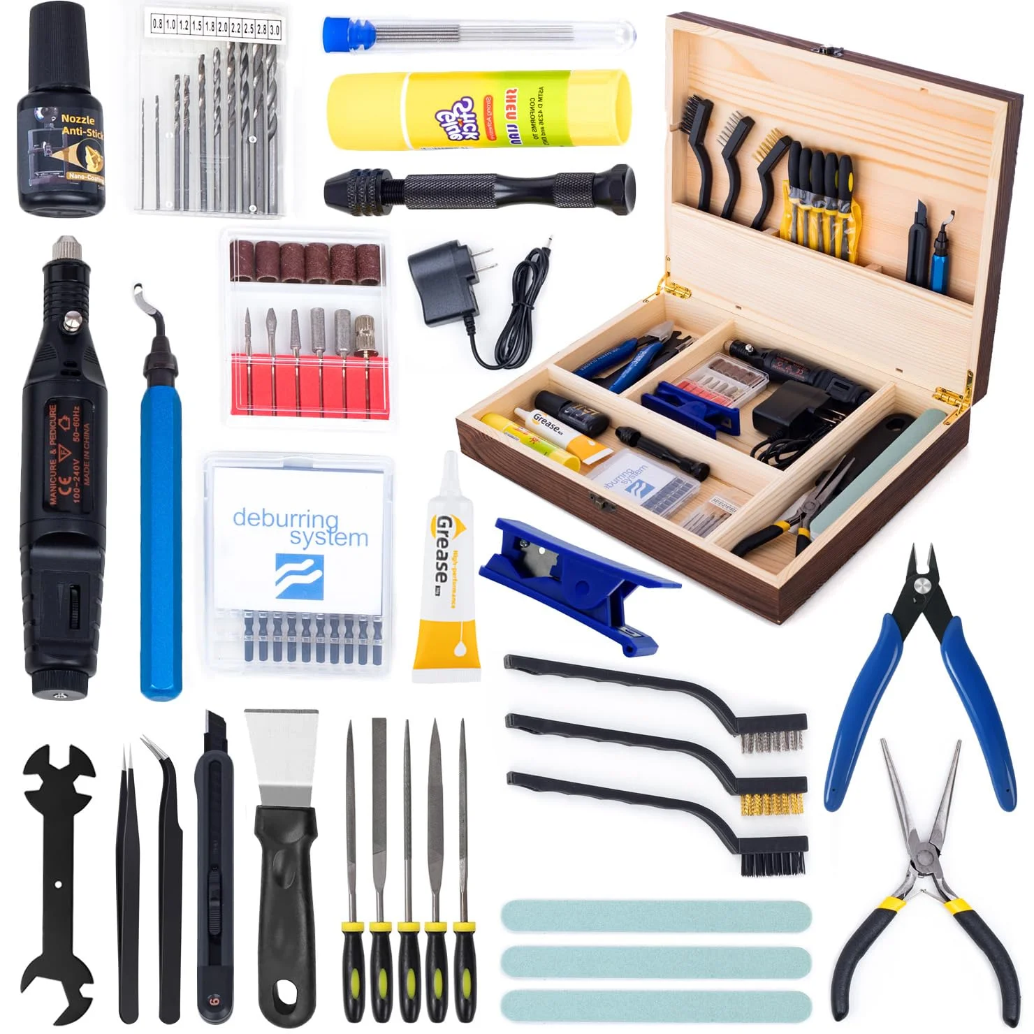 ابزار و لوازم جانبی چاپ سه بعدی به همراه جعبه ابزار چوبی، سازگار با تمام پرینترهای FDM. شامل کیت تمیز کننده نازل، ابزار صاف کننده و کیت پلیسه گیری.