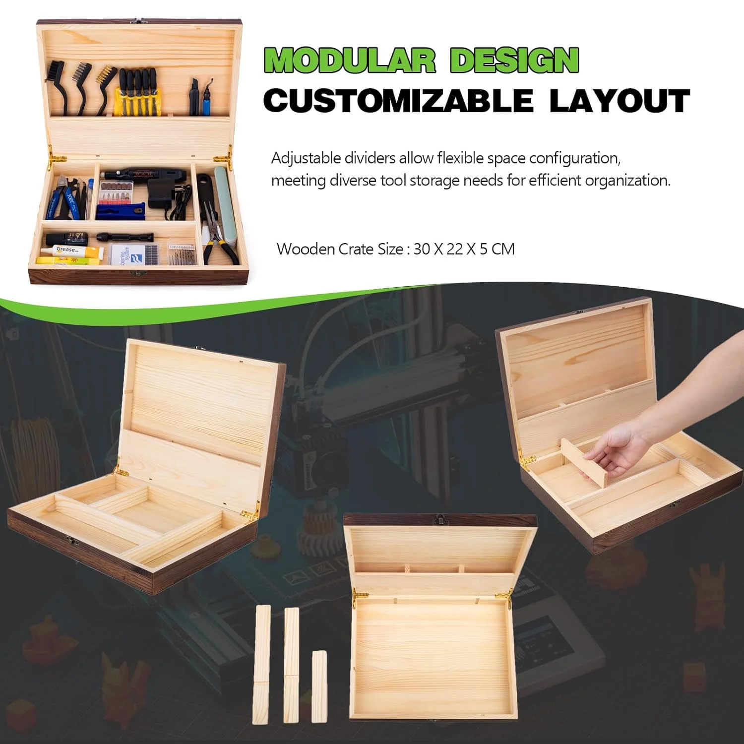 ابزار و لوازم جانبی چاپ سه بعدی به همراه جعبه ابزار چوبی، سازگار با تمام پرینترهای FDM. شامل کیت تمیز کننده نازل، ابزار صاف کننده و کیت پلیسه گیری.