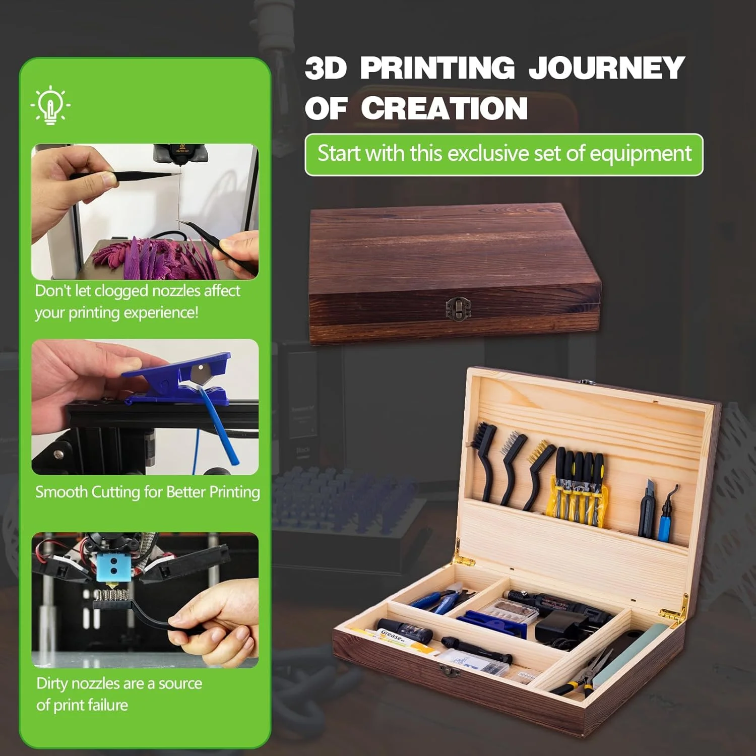 ابزار و لوازم جانبی چاپ سه بعدی به همراه جعبه ابزار چوبی، سازگار با تمام پرینترهای FDM. شامل کیت تمیز کننده نازل، ابزار صاف کننده و کیت پلیسه گیری.