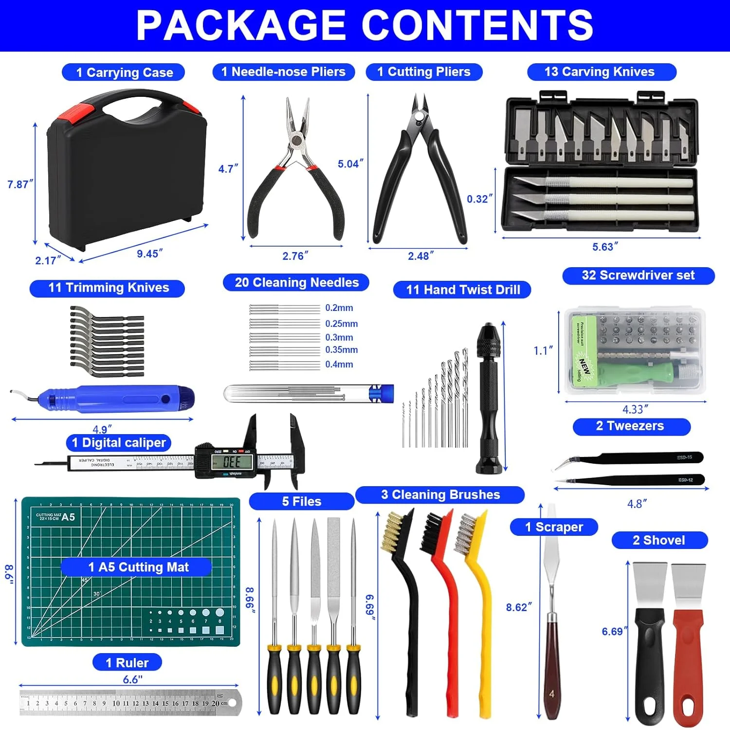 جعبه ابزار پرینتر سه بعدی، شامل 105 قطعه لوازم جانبی پرینتر سه بعدی، ابزار پرداخت لبه، ابزار جدا سازی، کولیس دیجیتال، تخته برش، کیف حمل، ابزار برای پرداخت، جدا کردن و تمیز کردن پرینت سه بعدی