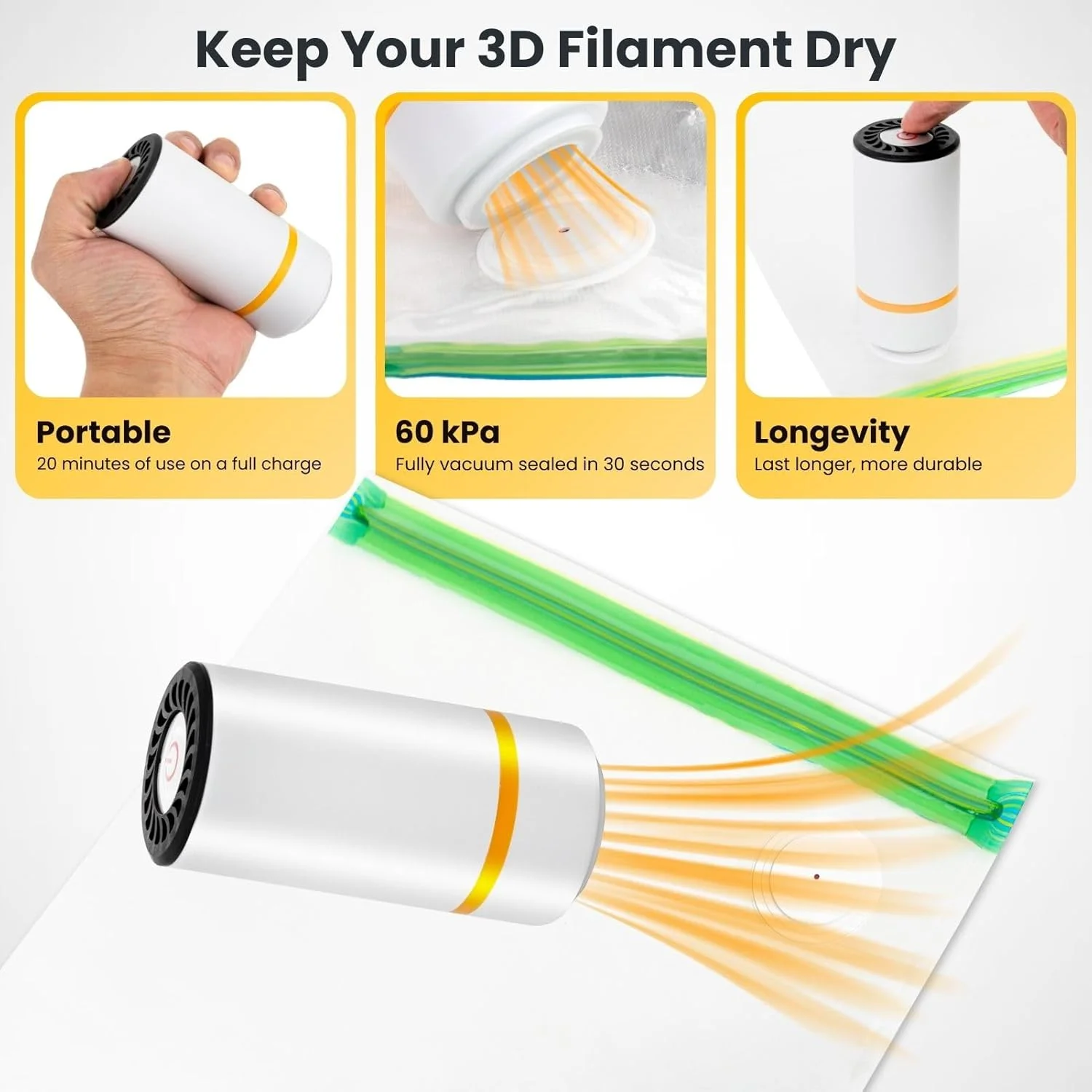 کیسه های نگهداری فیلامنت پرینتر سه بعدی، کیت کیسه های نگهداری وکیوم، لوازم جانبی پرینتر سه بعدی با کیسه های نگهداری (33x38 سانتی متر)، مواد خشک کننده، پمپ اتوماتیک، گیره های آب بندی، مقاوم در برابر رطوبت (فقط پمپ برقی)