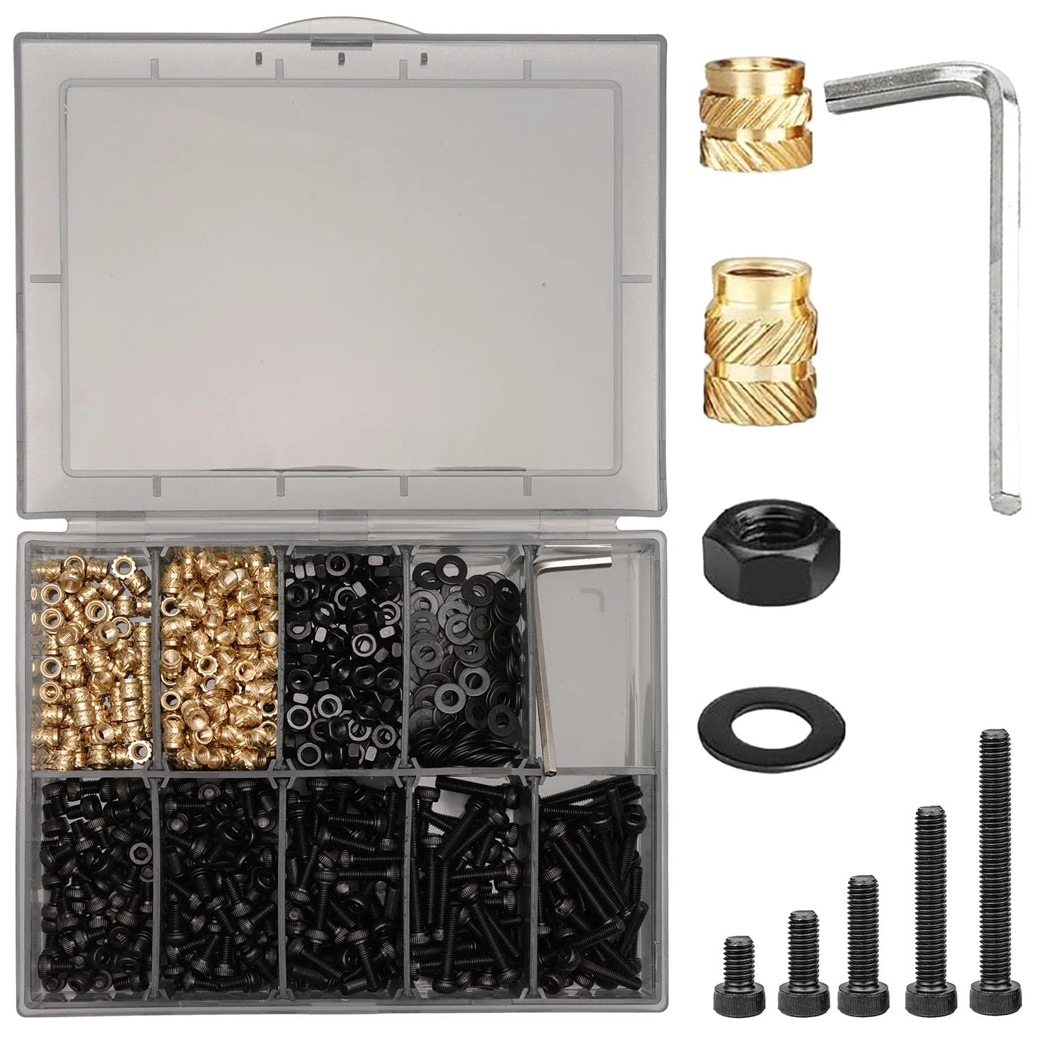 مجموعه 630 عددی اتصالات رزوه ای M3 – مهره های شش گوش، واشر، پیچ های سر استوانه ای – اتصالات M3 برای پرینت سه بعدی، سازگار با PLA/ABS، سازماندهی شده در جعبه پلاستیکی