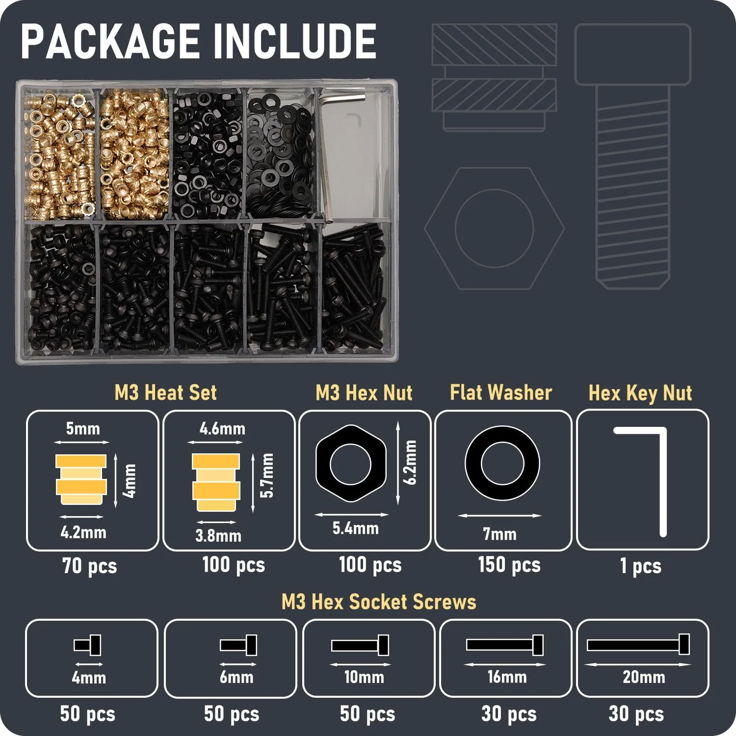 مجموعه 630 عددی اتصالات رزوه ای M3 – مهره های شش گوش، واشر، پیچ های سر استوانه ای – اتصالات M3 برای پرینت سه بعدی، سازگار با PLA/ABS، سازماندهی شده در جعبه پلاستیکی