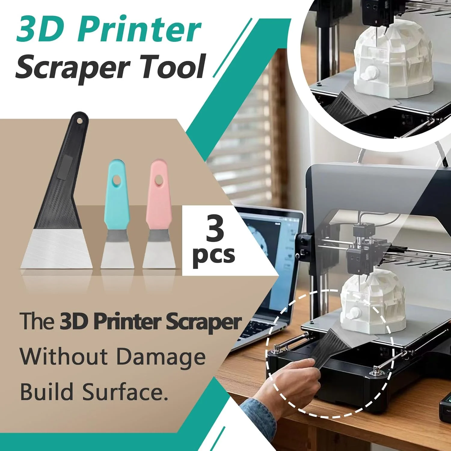 ست ۳ عددی کاردک فلزی برای جدا کردن قطعات پرینت سه بعدی - کاردک پرینتر سه بعدی با دسته راحت، ۲ سایز مختلف، ۳ رنگ