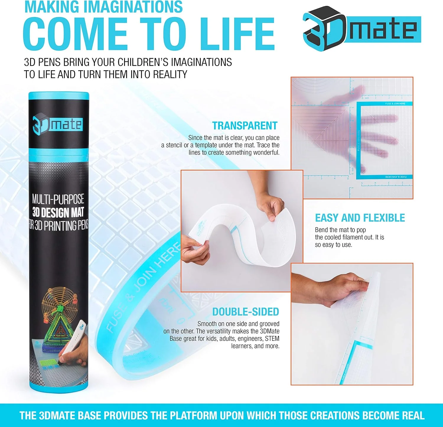پایه 3Dmate - زیرانداز شفاف قلم سه بعدی 45 در 30 سانتی متر با ناحیه اتصال - سیلیکون انعطاف پذیر مقاوم در برابر حرارت دو طرفه - لوازم جانبی قلم سه بعدی سازگار با شابلون ها - فعالیت STEM برای کودکان و بزرگسالان