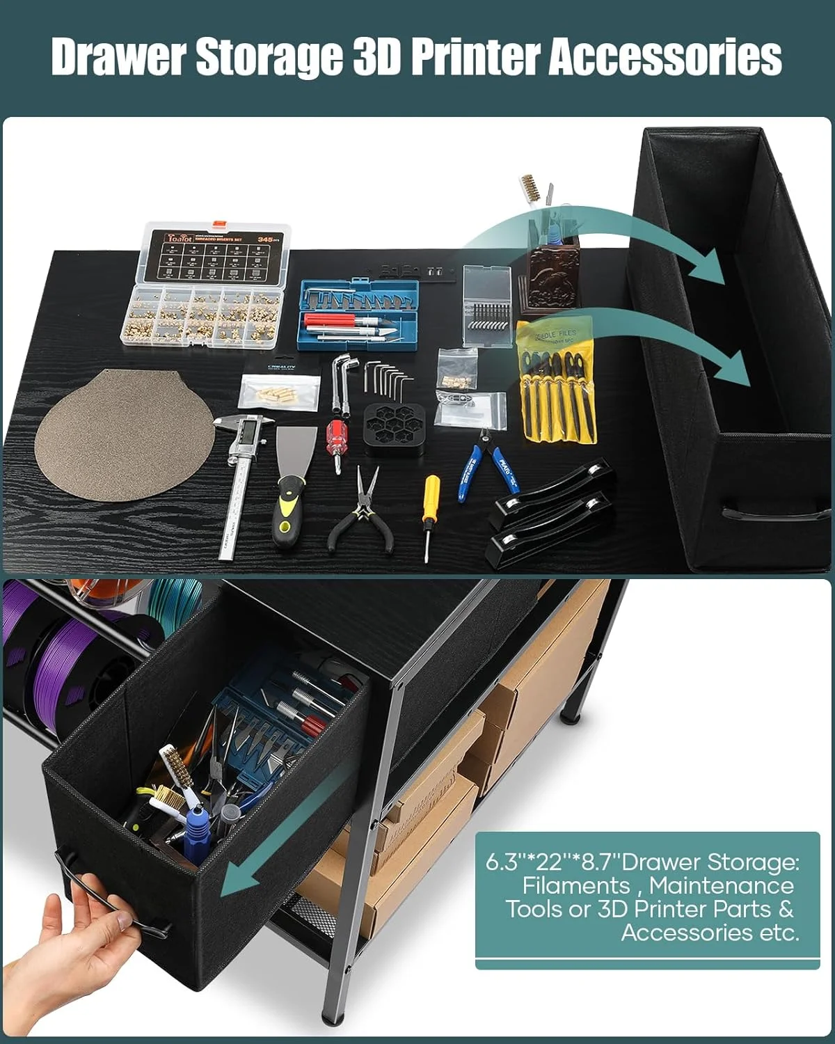 میز پرینتر سه بعدی با محل نگهداری فیلامنت - میز پرینتر سه بعدی قفسه نگهداری فیلامنت میز کار سنگین پرینت سه بعدی با کشو برای کارگاه استودیو دفتر (مشکی)