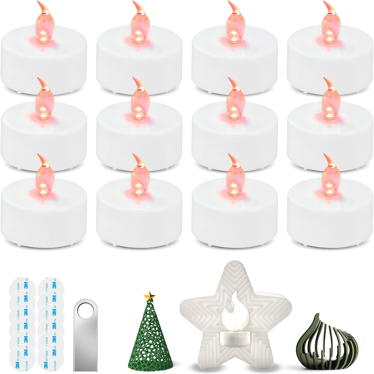 ست چراغ چای ال ای دی چاپ سه بعدی - قرمز - بسته 12 عددی - سازگار با مدل های Bambu Lab مدل D37.2x36.6mm مجموعه شمع چراغ چای ال ای دی با چسب 3M و فایل USB (چراغ چای-12PCS-قرمز)