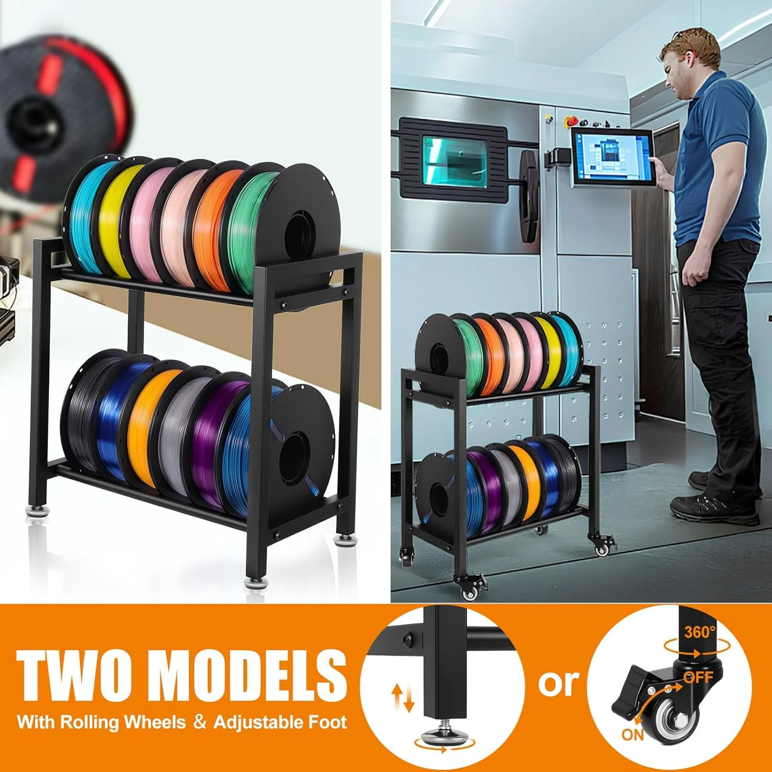 قفسه نگهداری فیلامنت پرینتر سه بعدی، قفسه فلزی دو طبقه نگهدارنده قرقره فیلامنت با چرخ، سازمان دهنده فیلامنت برای پرینت سه بعدی، قفسه رومیزی یا زیر میزی برای PLA/ABS/TPU، مناسب برای 12 قرقره (1 کیلوگرمی)