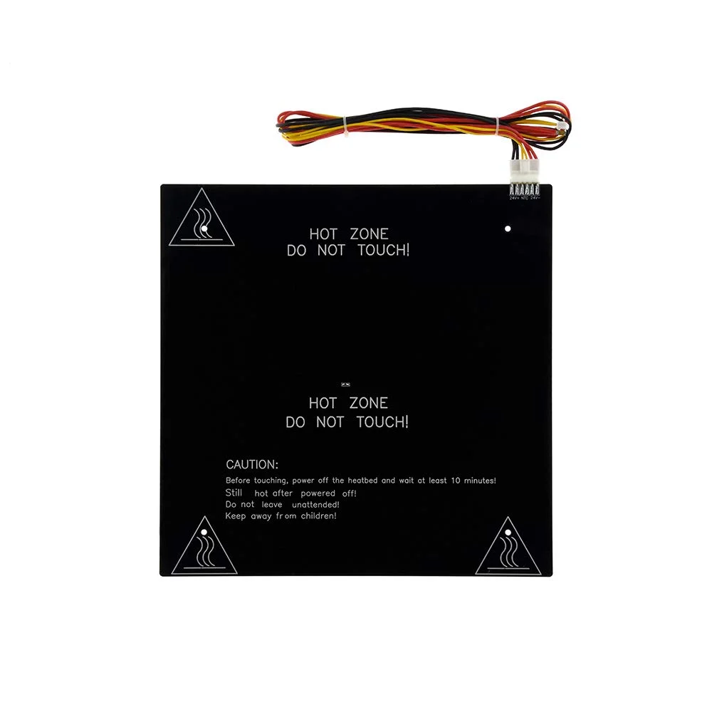 صفحه گرمایشی آلومینیومی 310x310 میلی‌متری CR10، صفحه داغ 24 ولت با ضخامت 3 میلی‌متر به همراه سوراخ‌هایی برای پرینتر سه بعدی Creality CR-10 به همراه کیت سیم برق