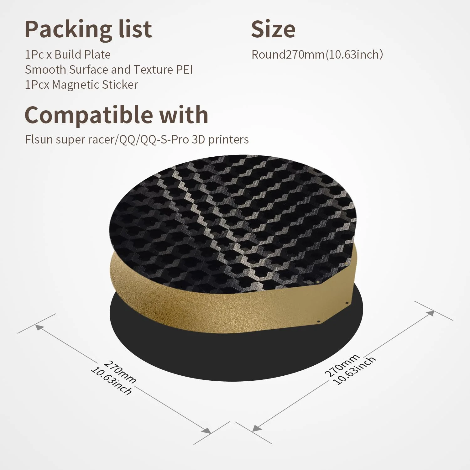 صفحه ساخت گرد 270 میلی‌متری ارتقا یافته T1 Pro با بافت/صاف دو طرفه فنری فولادی PEI، پلتفرم انعطاف‌پذیر با بستر مغناطیسی برای چاپگر سه بعدی Flsn sr Super Racer, QQ-S-PRO
