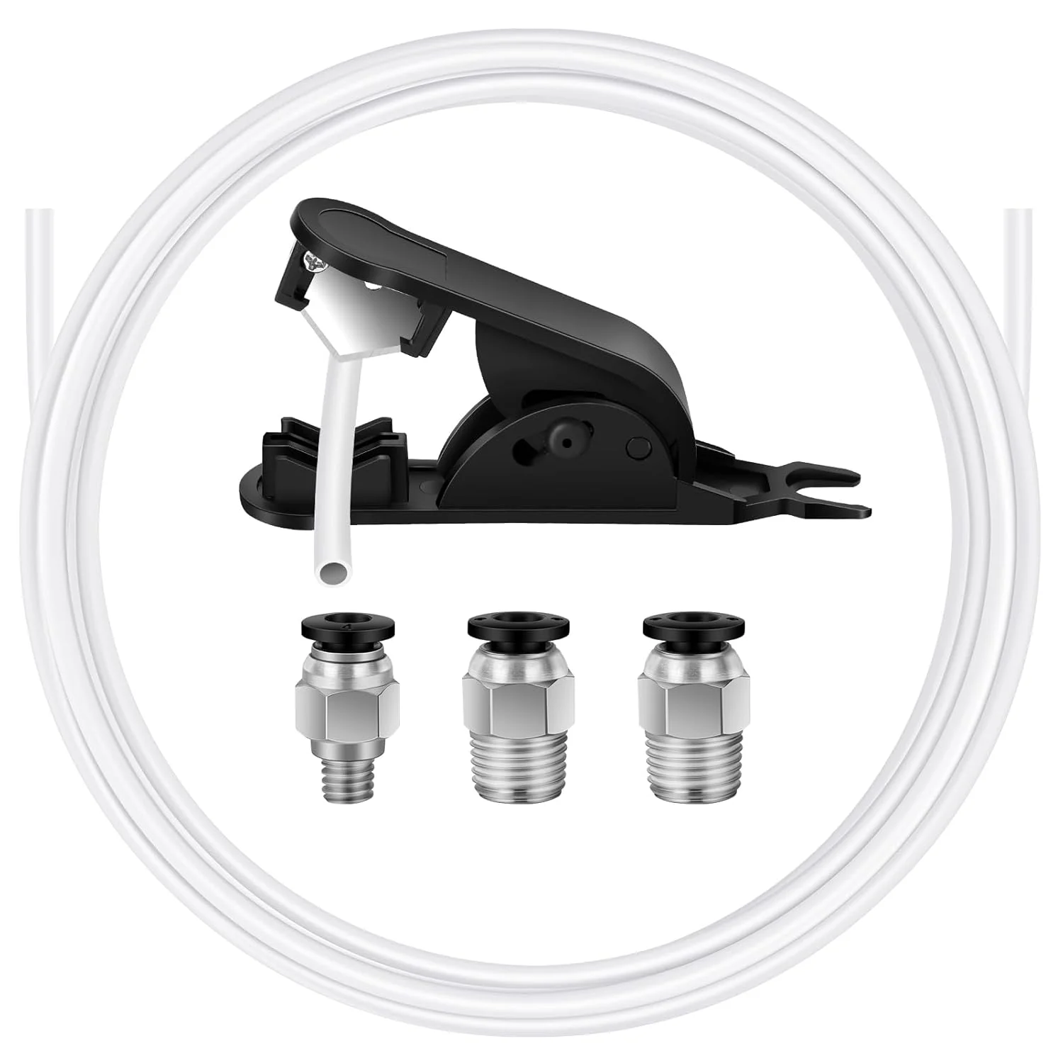 لوله PTFE برای فیلامنت 1.75 میلی‌متری، 2 متر، لوله Bowden با قطر داخلی 2.5 میلی‌متر × قطر خارجی 4 میلی‌متر به همراه کاتر لوله، 2 عدد اتصالات PC4-M10 و 1 عدد اتصالات PC4-M6، سازگار با اکثر پرینترهای سه بعدی