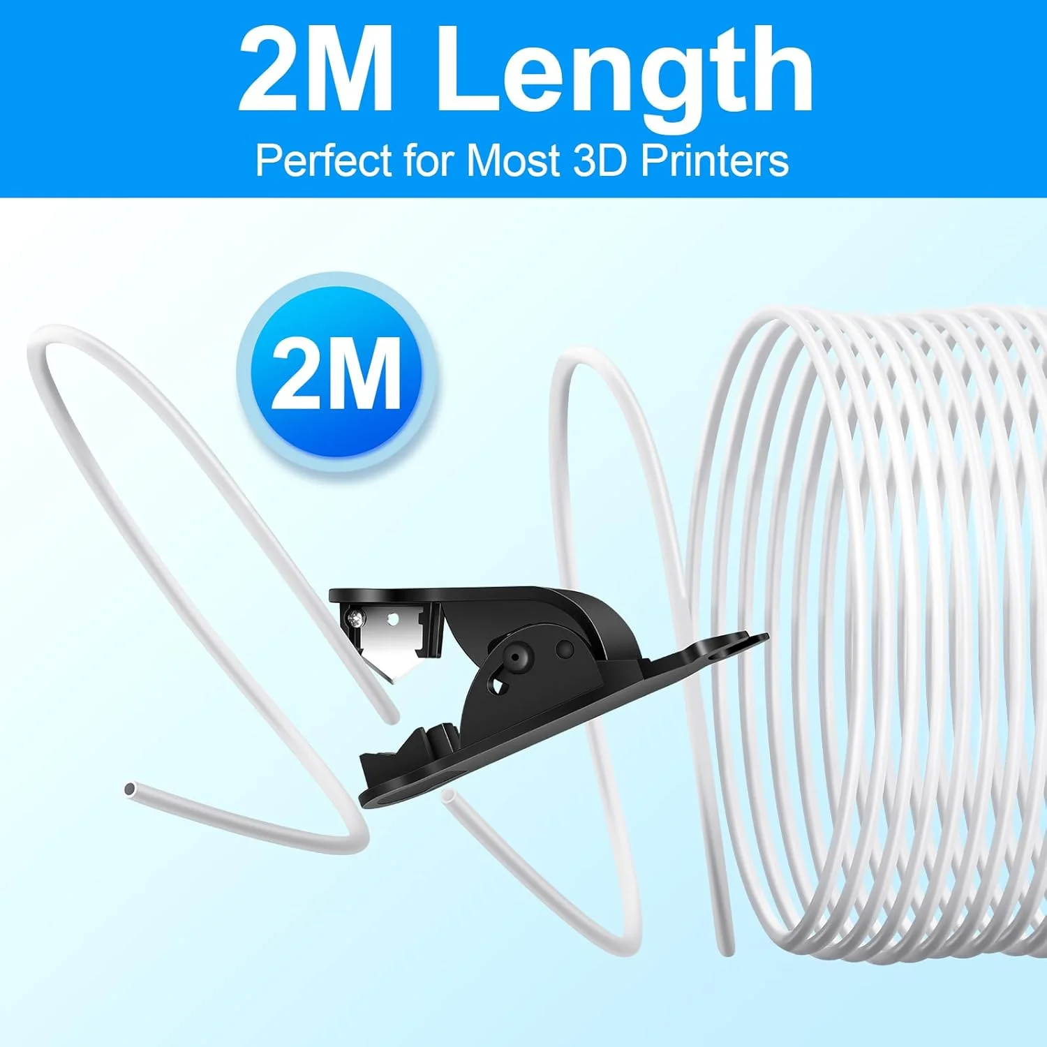 لوله PTFE برای فیلامنت 1.75 میلی‌متری، 2 متر، لوله Bowden با قطر داخلی 2.5 میلی‌متر × قطر خارجی 4 میلی‌متر به همراه کاتر لوله، 2 عدد اتصالات PC4-M10 و 1 عدد اتصالات PC4-M6، سازگار با اکثر پرینترهای سه بعدی