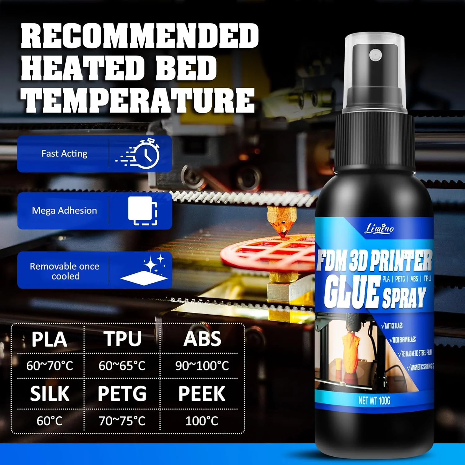 چسب پرینتر سه بعدی - اسپری چسب پرینت سه بعدی، چسبندگی عالی لایه اول، جلوگیری از تاب برداشتن روی صفحه ساخت گرم شونده، جدا سازی آسان برای فیلامنت های ABS PLA PETG TPU روی صفحات ساخت مختلف، بدون باقی مانده، 100 گرم * 2