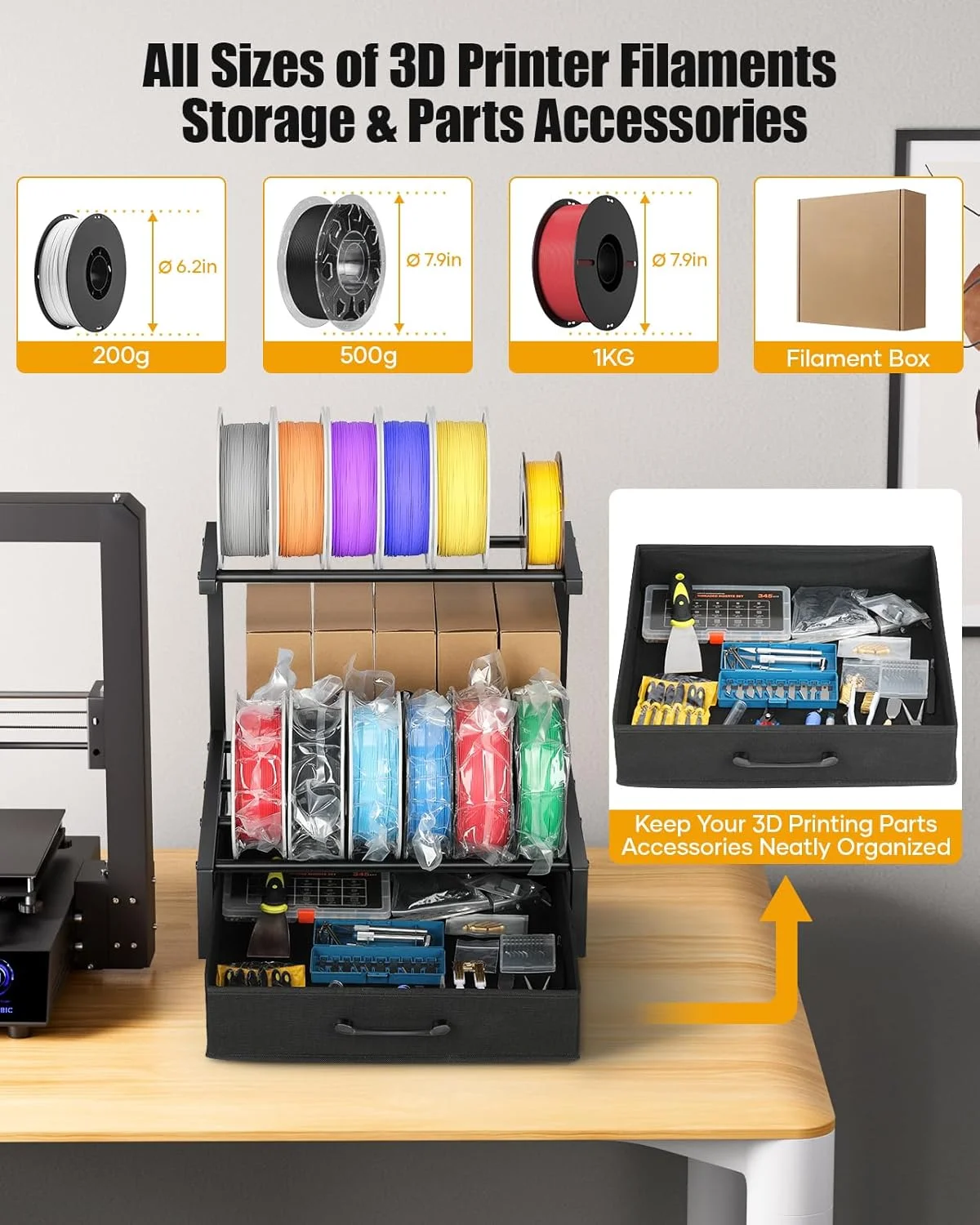 قفسه نگهداری رومیزی دو طبقه فیلامنت به همراه کشو پارچه ای - قفسه نگهدارنده قرقره های فیلامنت پرینتر سه بعدی برای فیلامنت های PLA/ABS/TPU، سازمان دهنده رومیزی برای دفتر کار خانگی، کارگاه استودیو (ردیف دوبل مشکی)