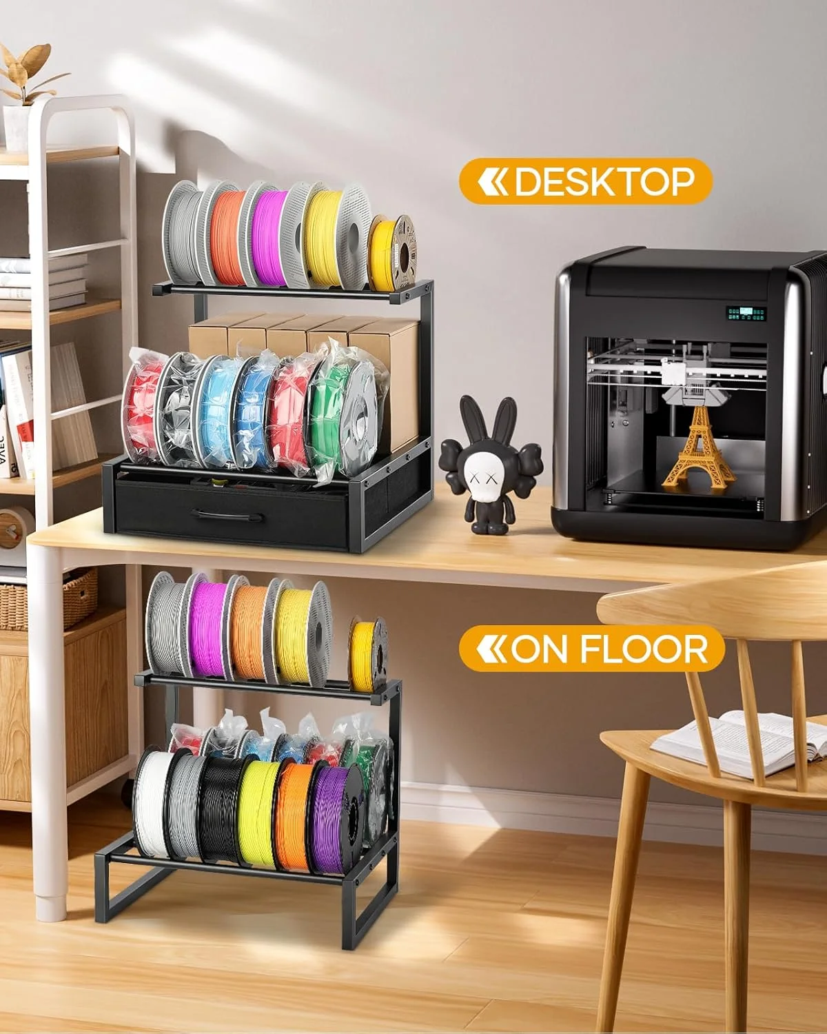 قفسه نگهداری رومیزی دو طبقه فیلامنت به همراه کشو پارچه ای - قفسه نگهدارنده قرقره های فیلامنت پرینتر سه بعدی برای فیلامنت های PLA/ABS/TPU، سازمان دهنده رومیزی برای دفتر کار خانگی، کارگاه استودیو (ردیف دوبل مشکی)