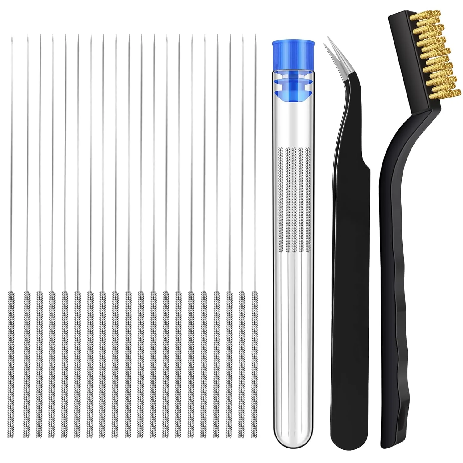 مجموعه 22 عددی ابزار تمیز کننده نازل پرینتر سه بعدی شامل 20 سوزن استیل 0.4 میلی متری، یک موچین دقیق و برس سیمی مسی، ابزار جهانی رفع گرفتگی برای پرینترهای سه بعدی