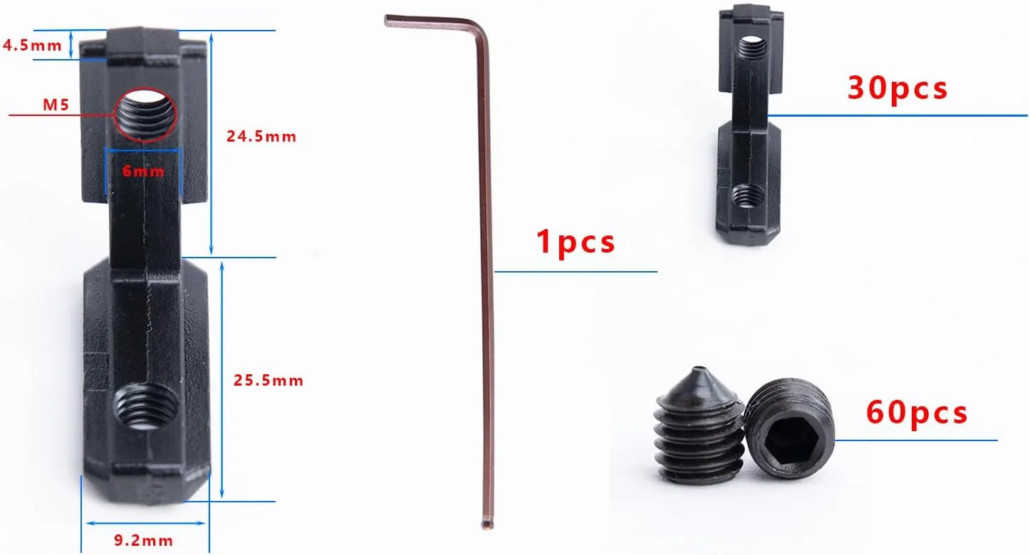 ۳۰ مجموعه اتصالات پروفیل آلومینیومی سری ۲۰۲۰ با اتصالات گوشه داخلی L شکل (مشکی) مناسب برای ۶ میلی متر