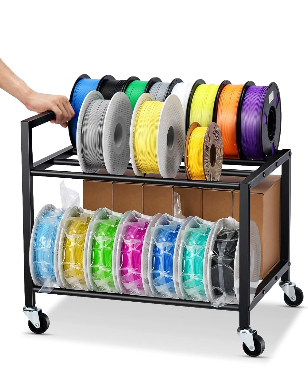 چرخ دستی ذخیره سازی فیلامنت سه بعدی دو طبقه - قفسه متحرک ذخیره سازی فیلامنت پرینتر سه بعدی زیر میز، نگهدارنده 32 قرقره 1 کیلوگرمی برای فیلامنت های PLA/ABS/TPU با چرخ برای خانه، دفتر، استودیو