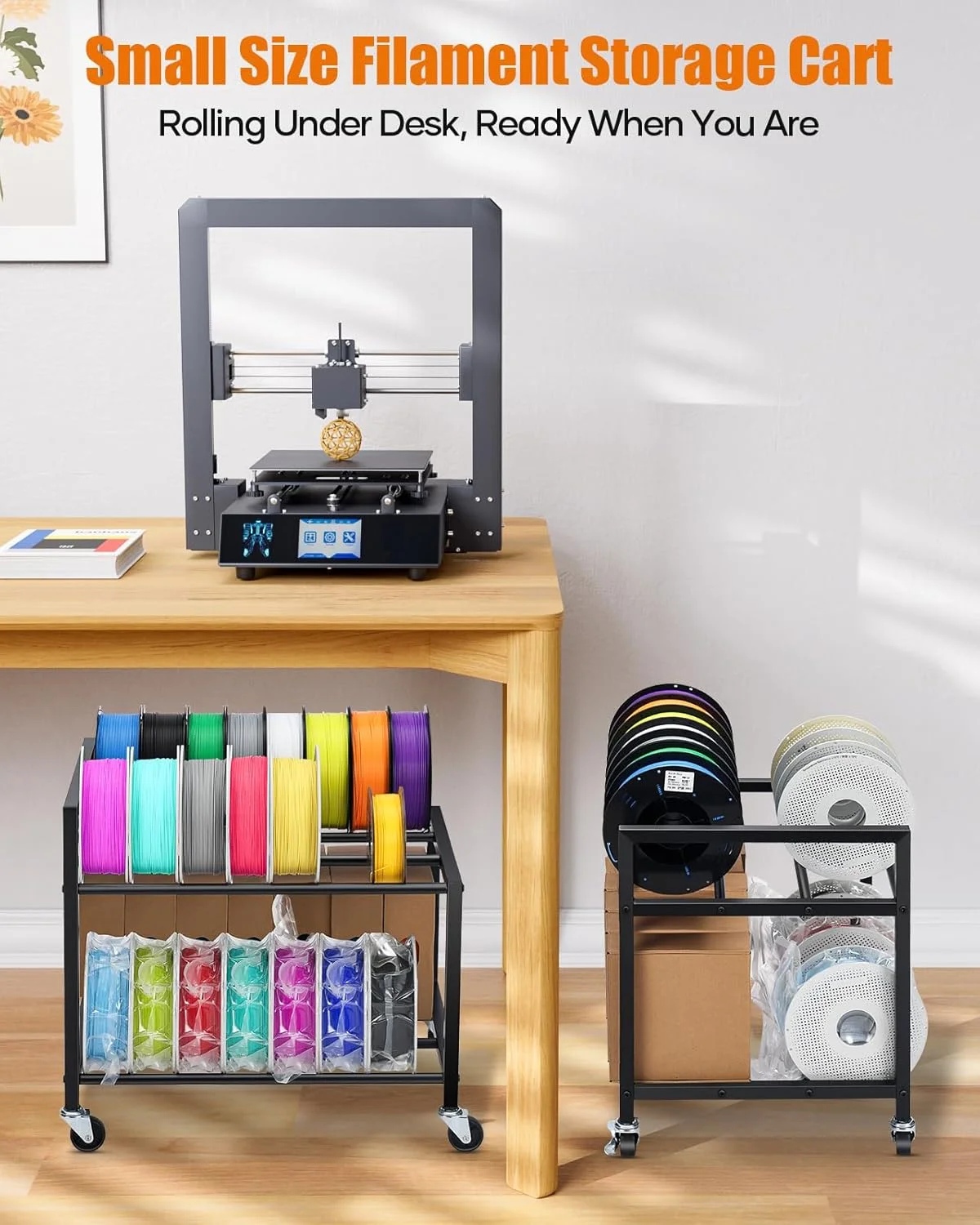 چرخ دستی ذخیره سازی فیلامنت سه بعدی دو طبقه - قفسه متحرک ذخیره سازی فیلامنت پرینتر سه بعدی زیر میز، نگهدارنده 32 قرقره 1 کیلوگرمی برای فیلامنت های PLA/ABS/TPU با چرخ برای خانه، دفتر، استودیو