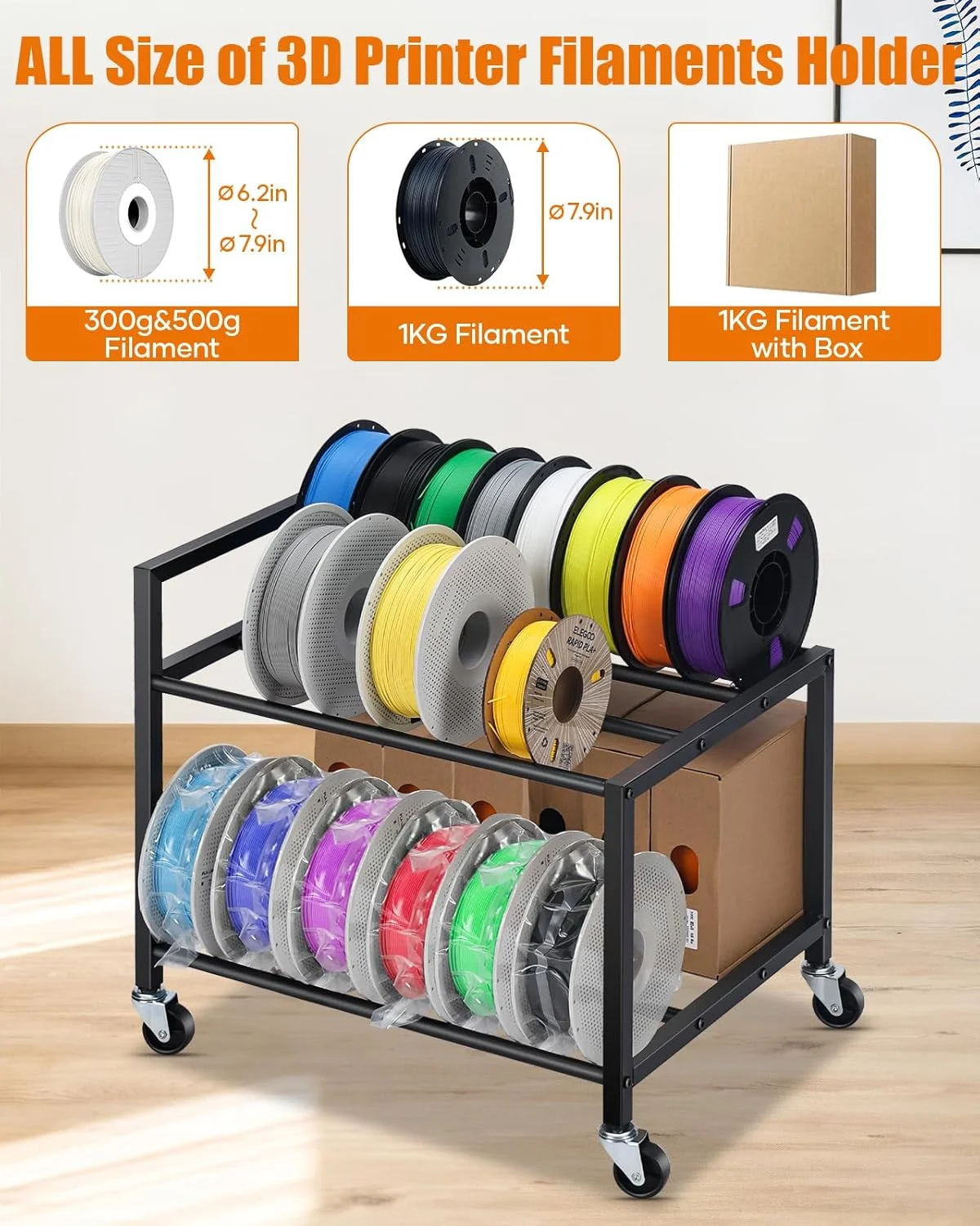 چرخ دستی ذخیره سازی فیلامنت سه بعدی دو طبقه - قفسه متحرک ذخیره سازی فیلامنت پرینتر سه بعدی زیر میز، نگهدارنده 32 قرقره 1 کیلوگرمی برای فیلامنت های PLA/ABS/TPU با چرخ برای خانه، دفتر، استودیو