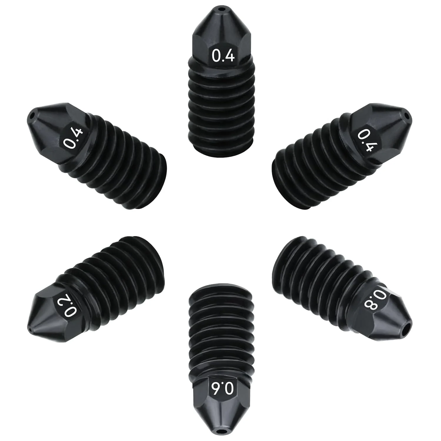 ۶ عدد نازل ۰.۲+۰.۴+۰.۶+۰.۸ میلی‌متری، نازل فولادی سخت شده مقاوم در برابر سایش و دمای بالای ۵۰۰ درجه سانتیگراد قابل جابجایی برای هات‌اند پرینتر سه بعدی Bambu Lab A1Mini