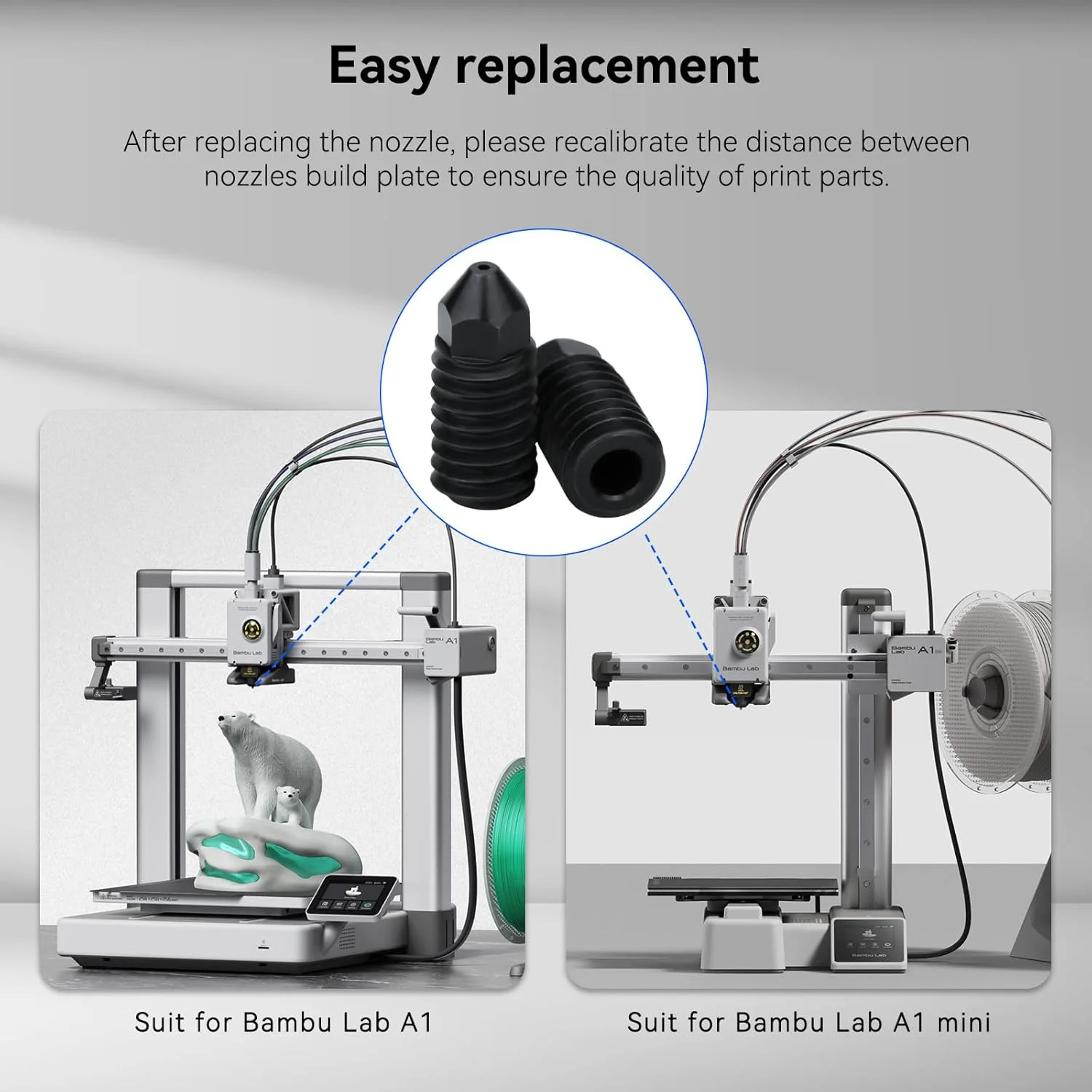 ۶ عدد نازل ۰.۲+۰.۴+۰.۶+۰.۸ میلی‌متری، نازل فولادی سخت شده مقاوم در برابر سایش و دمای بالای ۵۰۰ درجه سانتیگراد قابل جابجایی برای هات‌اند پرینتر سه بعدی Bambu Lab A1Mini