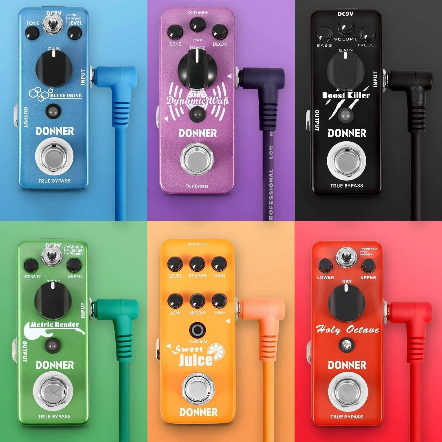 کابل پچ رنگی گیتار Donner EC2009، 15 سانتی متری، TS 1/4 اینچ زاویه راست به TS 1/4 اینچ زاویه راست، بسته 6 عددی | EC2009