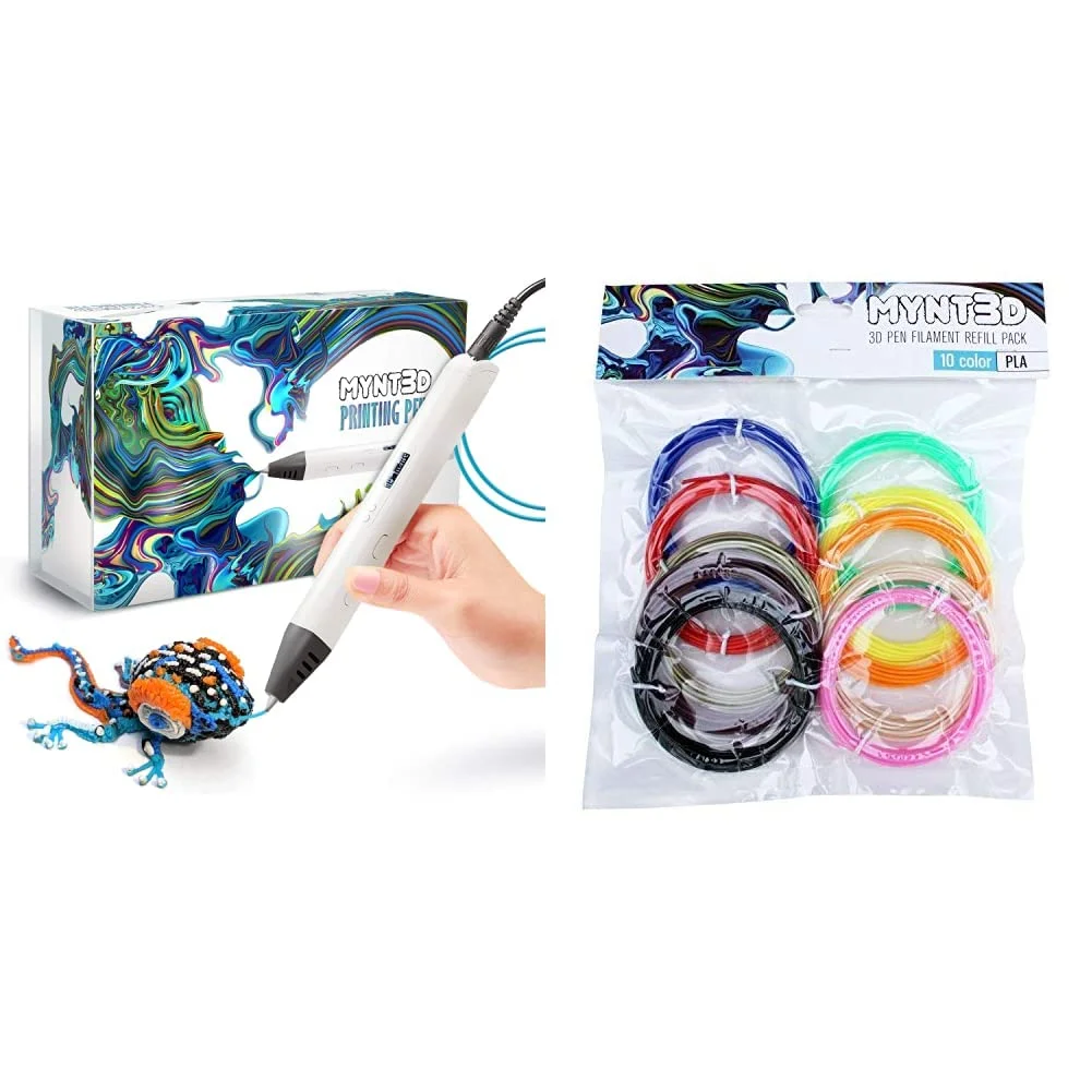 قلم چاپ سه بعدی حرفه ای MYNT3D با نمایشگر OLED و بسته پرکننده فیلامنت قلم سه بعدی PLA (10 رنگ، 3 متر هر کدام)