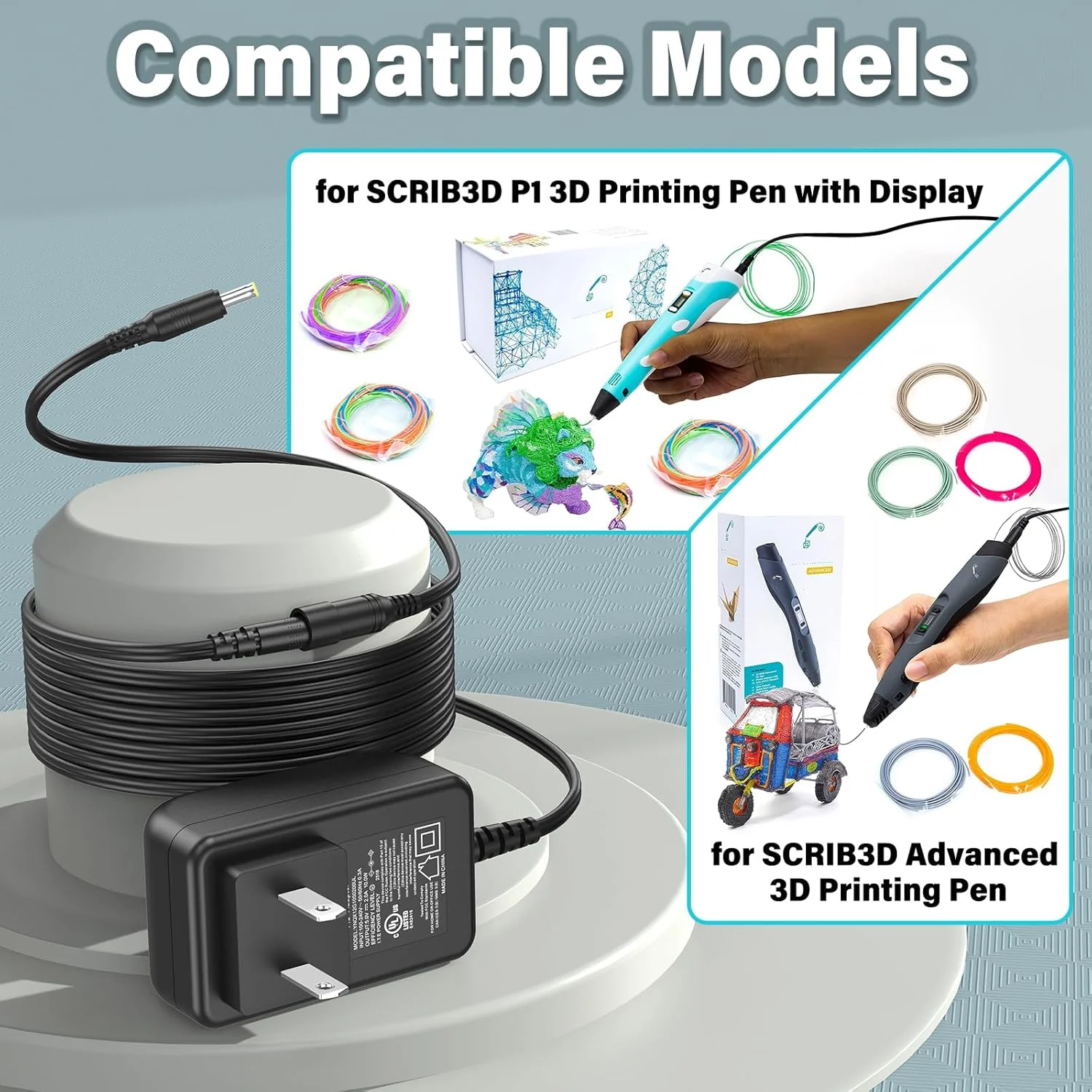 شارژر قلم چاپ سه بعدی 5 ولت سازگار با قلم SCRIB3D، آداپتور AC DC سیم برق برای قلم چاپگر سه بعدی SCRIB3D P1 با نمایشگر، کابل شارژ برای دوشاخه منبع تغذیه چاپ سه بعدی پیشرفته SCRIB3D