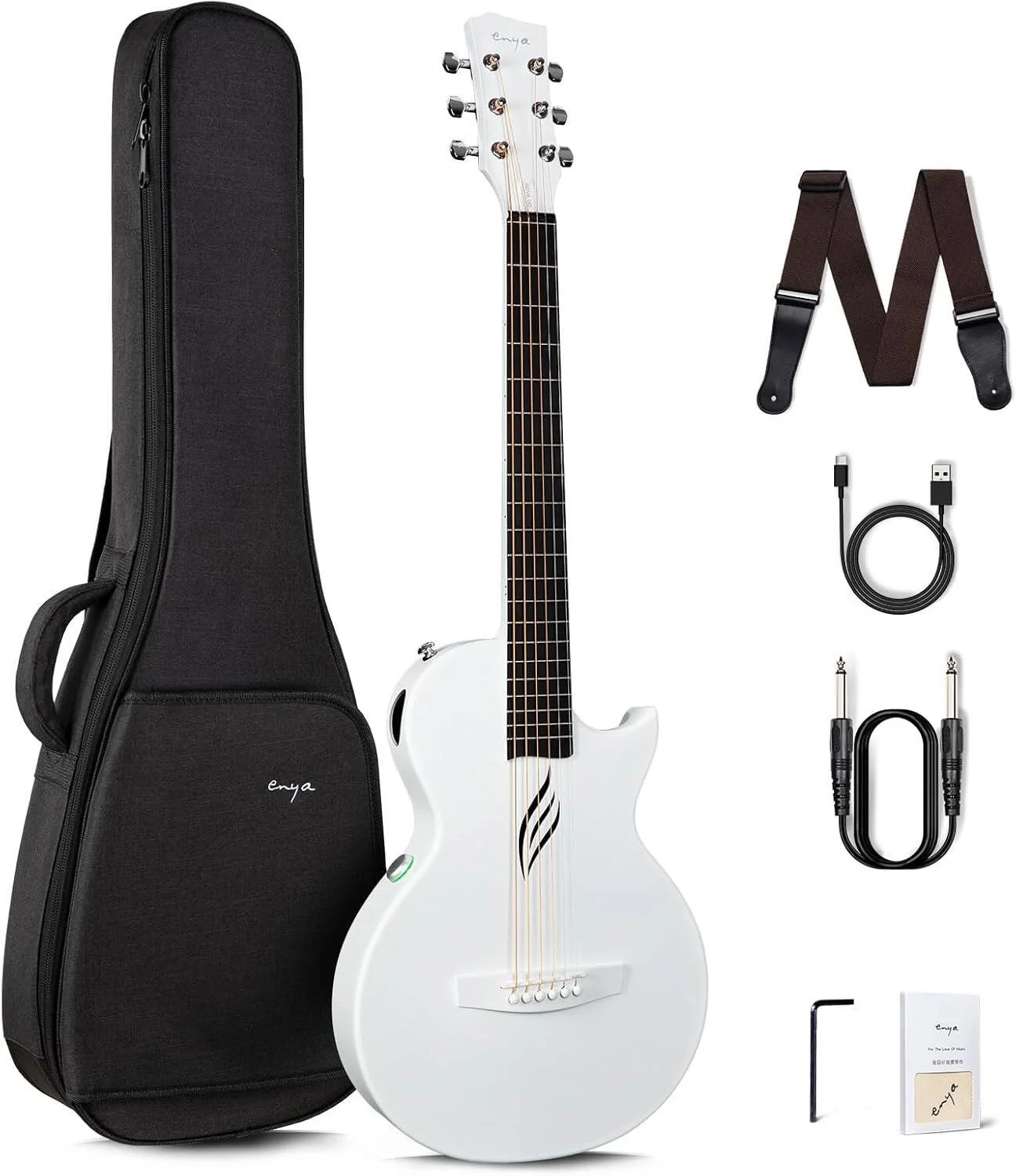 گیتار آکوستیک-الکتریک مسافرتی 35 اینچی Enya NOVA Go SP1 با بدنه فیبر کربن، پیکاپ هوشمند SP1 AcousticPlus و کیت استارتر بلوتوث، سفید | NOVA-G-SP1