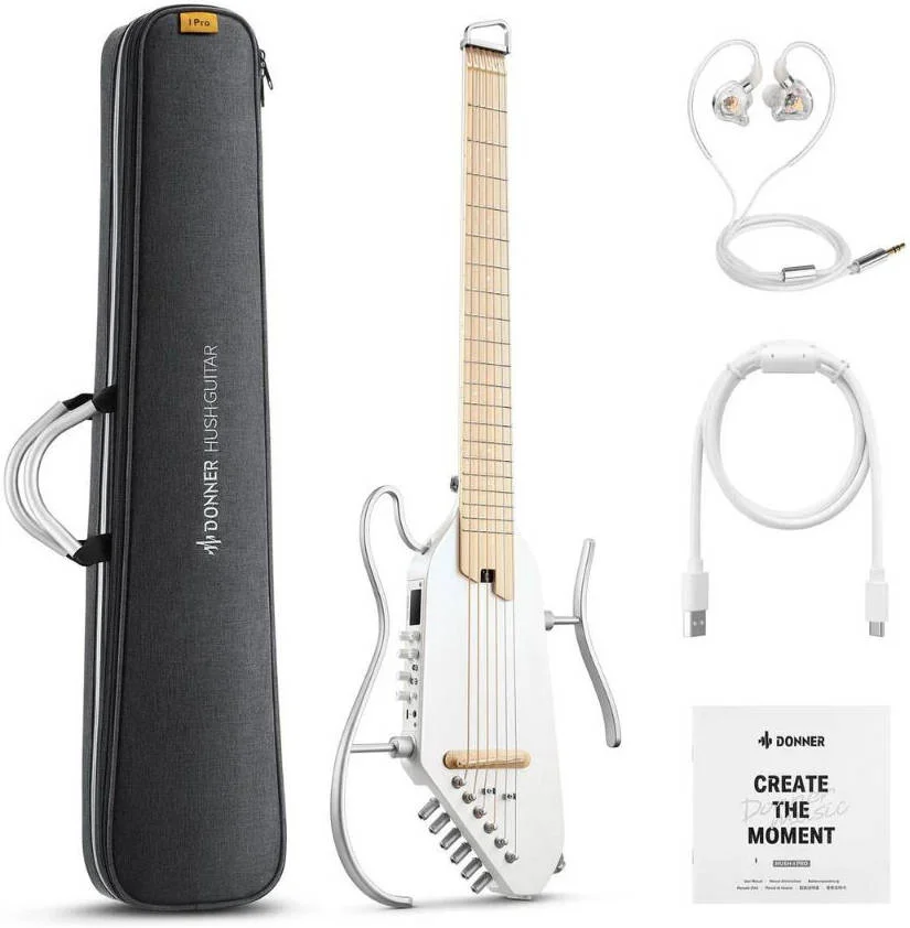 گیتار آکوستیک الکتریک مسافرتی بدون سر دانر مدل HUSH I PRO، دارای 18 افکت، 8 شبیه سازی بدنه با IR، اکولایزر 5 باندی، تمرین بی صدا، USB C، باتری 8 ساعته، بدنه ماهون، سفید | EC6868