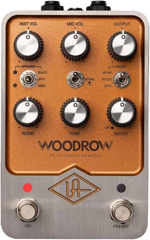 پدال آمپلی فایر ساز Universal Audio Woodrow '55، شبیه ساز استریو آمپلی فایر با 3 حالت تقویت، 3 کابینت/اسپیکر، بلوتوث و تنظیمات از پیش تعیین شده، قهوه ای | UAFX Woodrow55