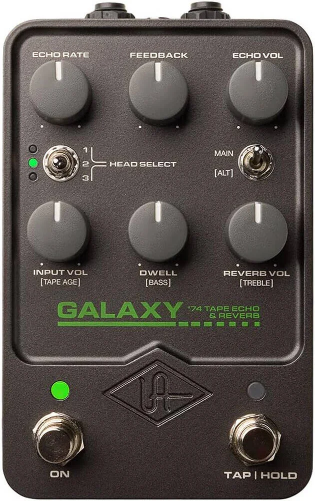 پدال اکو نواری و ریورب یونیورسال آدیو Galaxy '74، با تمپو ضربه ای، انتخاب 3 هد، کنترل سن نوار، بای پس بافر شده، دنباله ها، عبور خشک آنالوگ، برنامه کنترل UAFX | GPM-GLXY