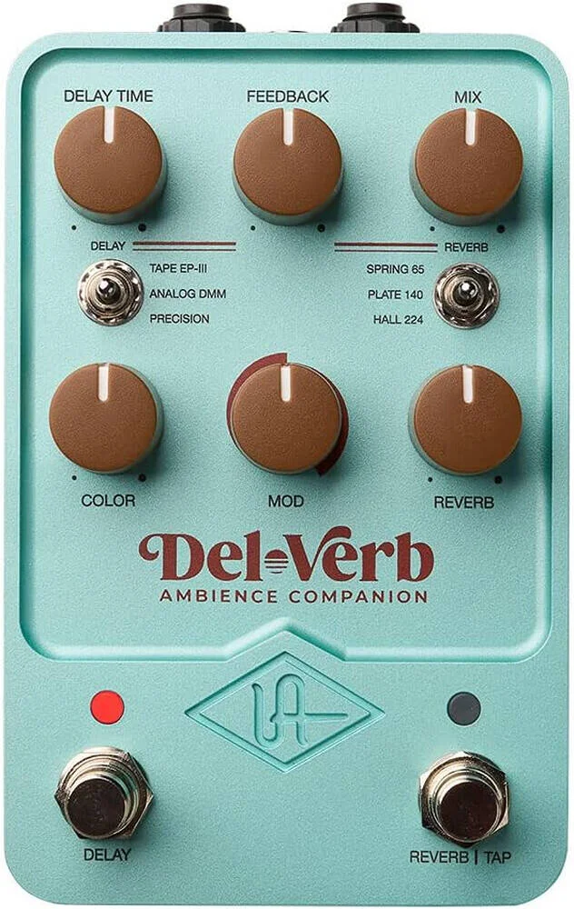 پدال ریورب و دیلی همراه محیطی یونیورسال آدیو Del-Verb، دارای 3 حالت ریورب، 3 حالت دیلی، رنگ، مدولاسیون، بای‌پس بافر شده، دنباله، عبور خشک آنالوگ، برنامه کنترل UAFX، طلایی | GPM-DLVRB