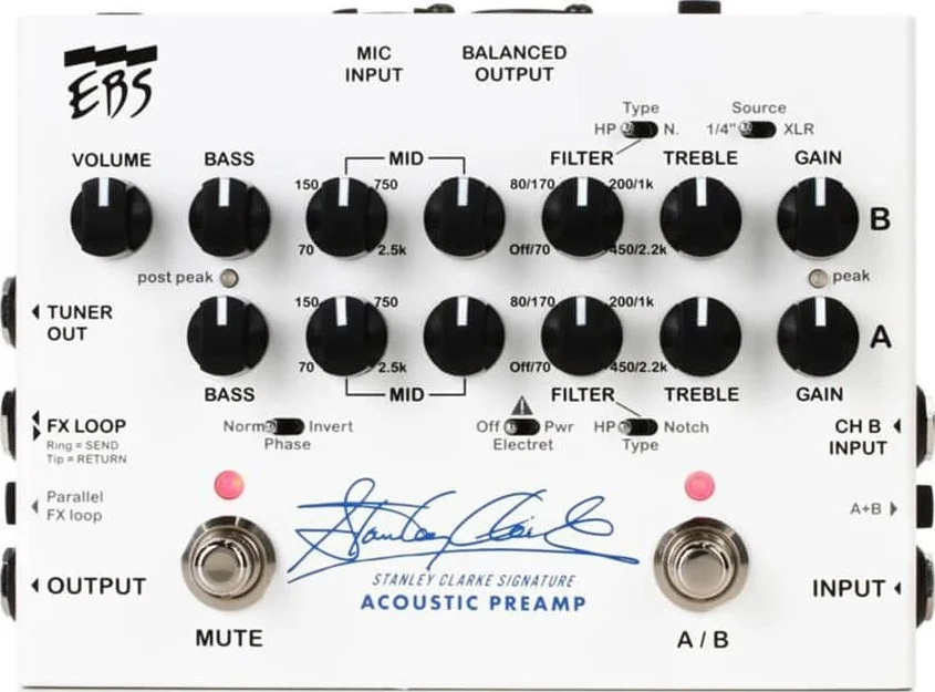 پری امپ آکوستیک امضای استنلی کلارک EBS، پدال پری امپ دو کاناله باس و آکوستیک با EQ، لوپ و XLR | EBS-SCSP