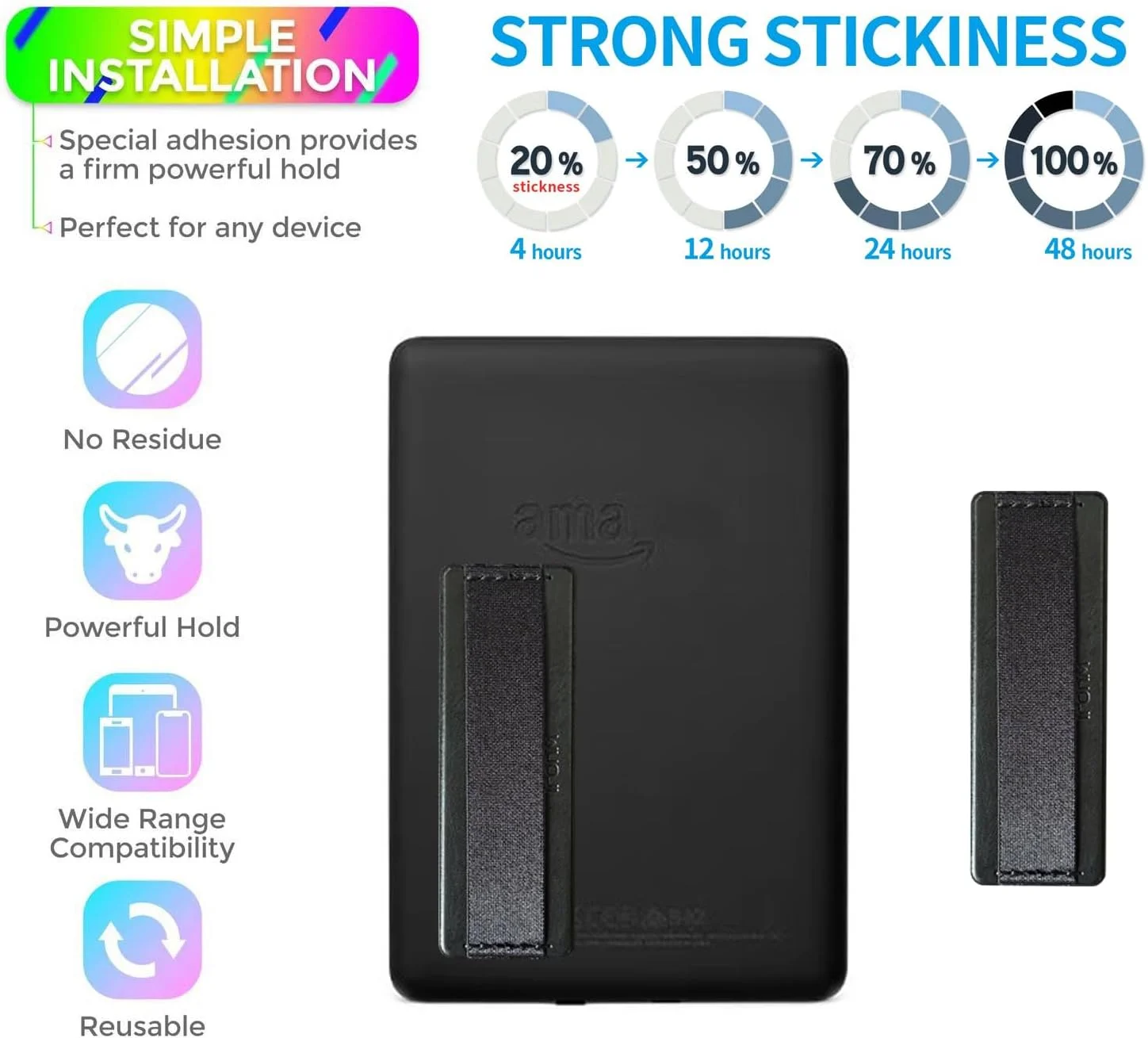 نگهدارنده بند دستی تبلت برای کتابخوان های الکترونیکی و تبلت های فایر، بند الاستیک مشکی با پایه مشکی - 1 عدد