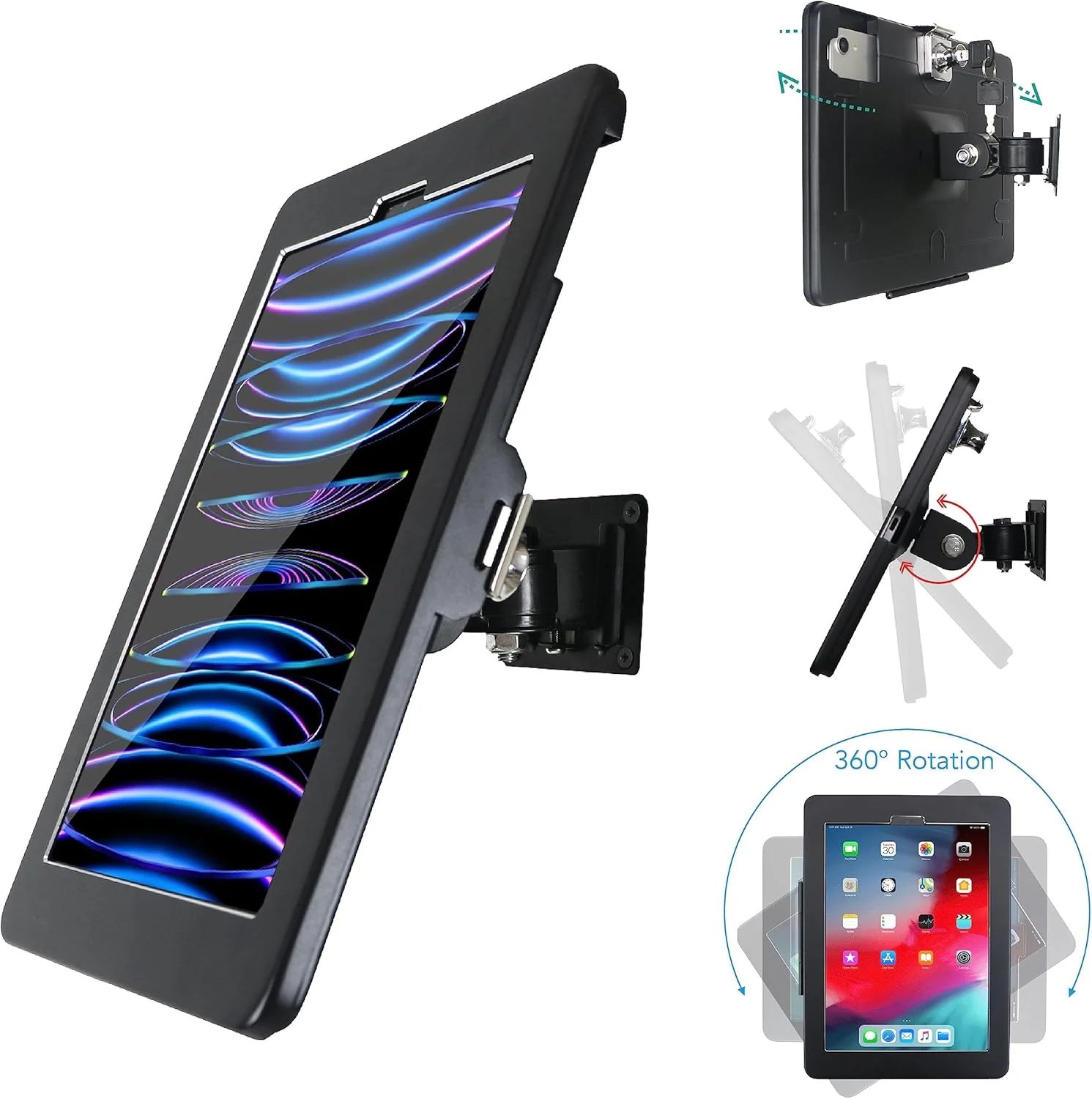 پایه دیواری برای آیپد پرو 11 اینچ (2018-2022) و ایر 4 (2020) و 5 (2022) 10.9 اینچ، به جز آیپد 11 اینچ (M4,2024 و M2,2024) و نسل دهم 10.9 اینچ، با قفل و کلید، طراحی چند زاویه ای، فلزی (مشکی)