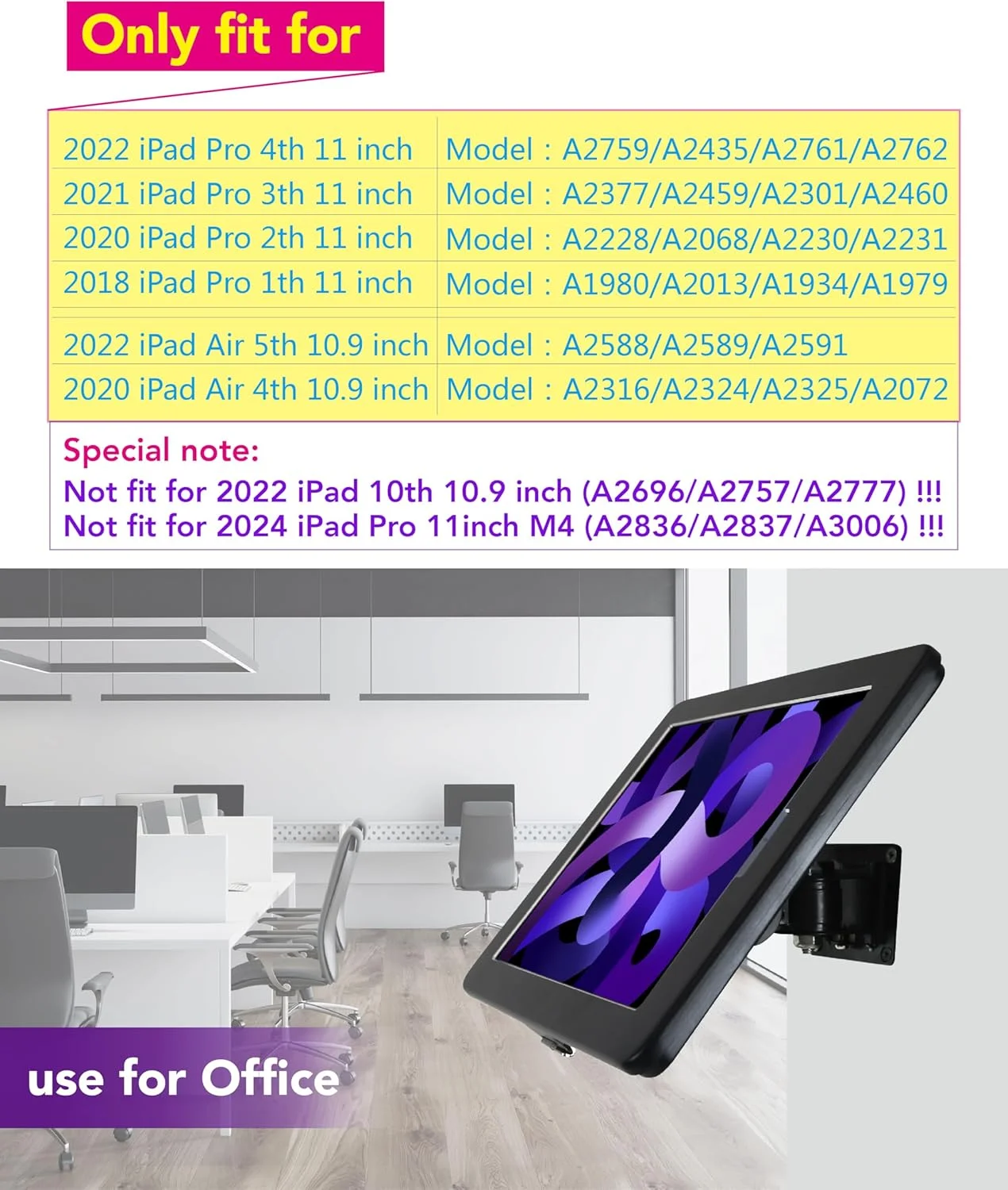 پایه دیواری برای آیپد پرو 11 اینچ (2018-2022) و ایر 4 (2020) و 5 (2022) 10.9 اینچ، به جز آیپد 11 اینچ (M4,2024 و M2,2024) و نسل دهم 10.9 اینچ، با قفل و کلید، طراحی چند زاویه ای، فلزی (مشکی)