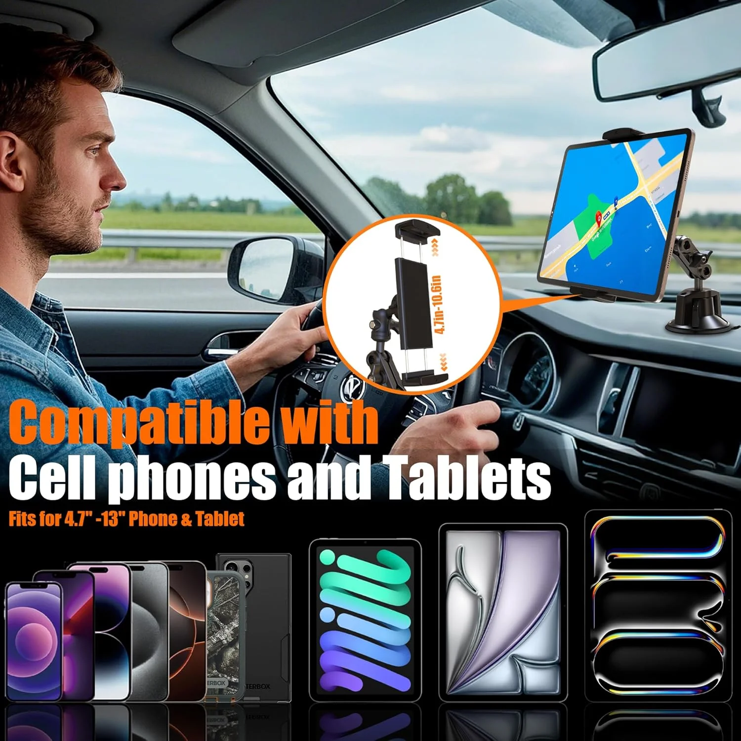 پایه تبلت برای کامیون، خودرو، نگهدارنده آیپد، پایه مکنده تلفن برای شیشه جلو، داشبورد، دیوار، میز وسیله نقلیه، براکت فلزی 360 درجه برای تبلت، آیپد پرو ایر مینی آیفون 4.7 تا 13 اینچ