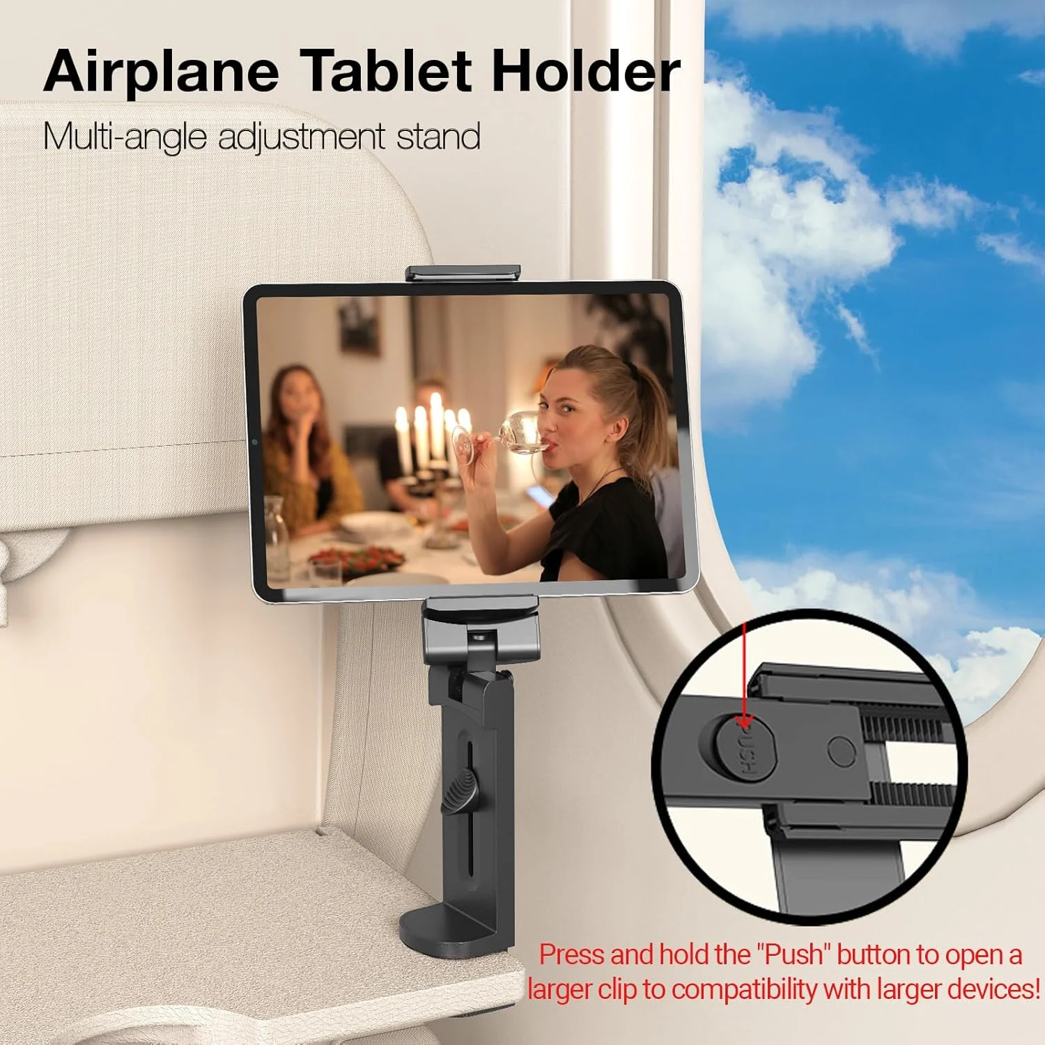 نگهدارنده تبلت هواپیما یونیورسال، پایه تبلت ضروری برای مسافرت بدون دست با چرخش 360 درجه چند جهته برای پرواز، سازگار با آیپد/تبلت های گلکسی، مشکی (فقط مناسب تبلت های 7-11 اینچی)