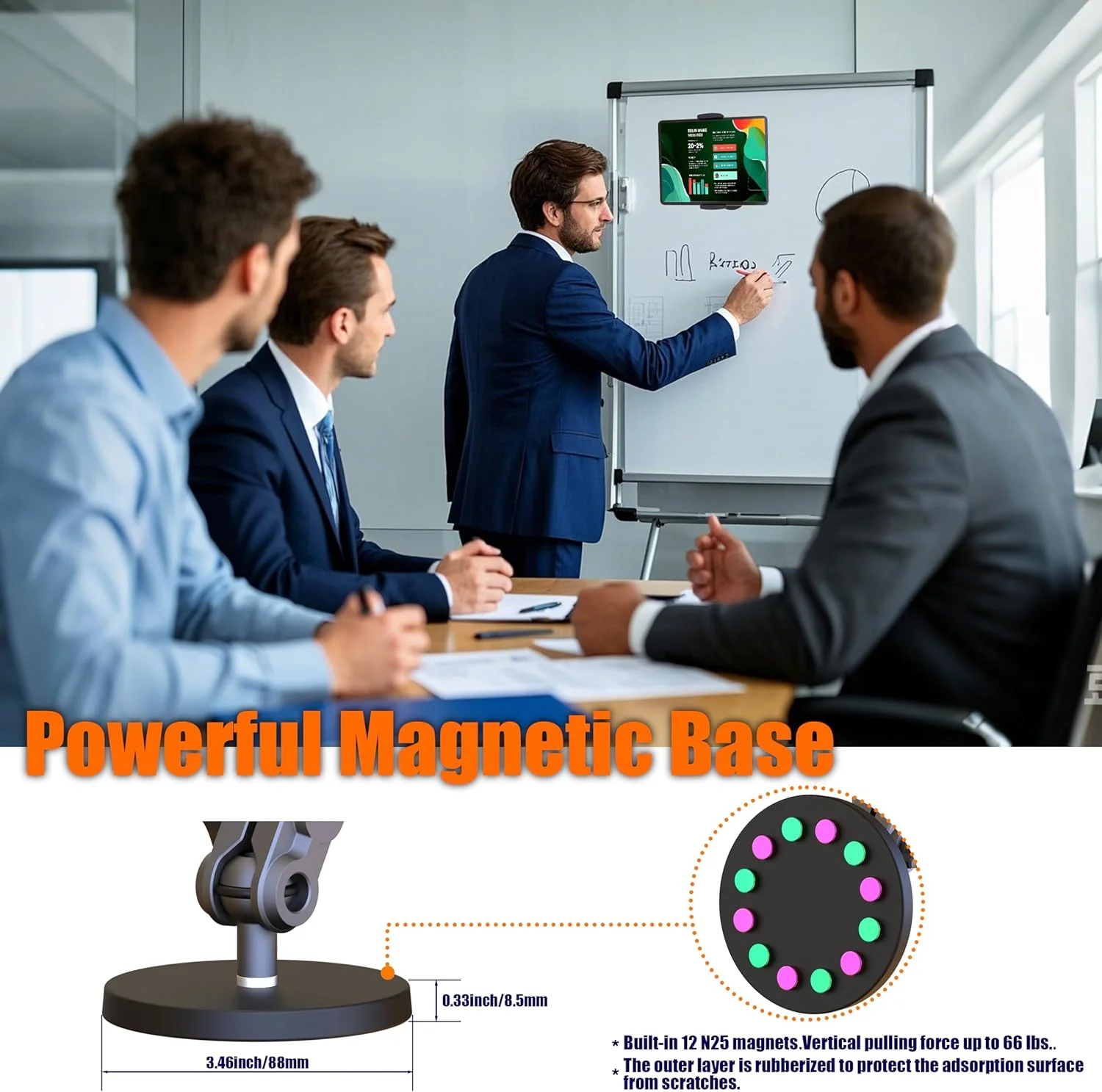 نگهدارنده تبلت مغناطیسی جهانی با قابلیت تنظیم 360 درجه، بازوی آلومینیومی مقاوم 7.7 اینچی، پایه مغناطیسی 3.5 اینچی برای یخچال، وایت برد، باشگاه، انبار، آشپزخانه، مناسب برای تبلت ها و تلفن های 4 تا 13 اینچی