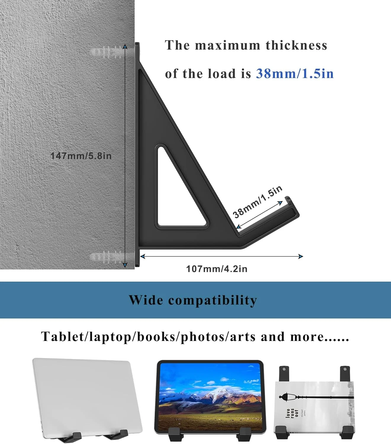 نگهدارنده دیواری صفحه کلید مناسب برای تبلت/لپ تاپ، سازگار با آویزهای دیواری برای عکس/نقاشی/قاب/کتاب، قابل نصب با چسب یا پیچ (مشکی)