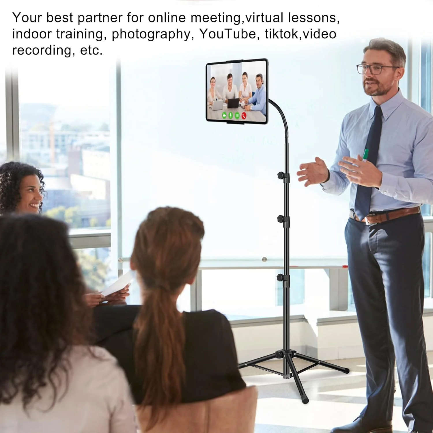 پایه سه پایه آیپد، پایه ایستاده گردن غازی با قابلیت تنظیم ارتفاع تا 65 اینچ با پایه سه پایه چرخان 360 درجه برای آیفون، آیپد پرو، کیندل و تمام تبلت ها و تلفن های 4.5-12.9 اینچی