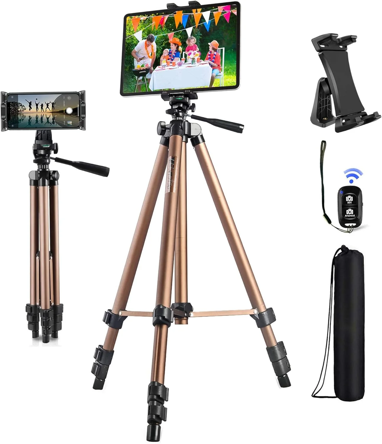 سه پایه Peastrex برای آیپد آیفون، پایه نگهدارنده تبلت و گوشی 3 در 1، سبک وزن 54 اینچی با ریموت برای تبلت و گوشی 3.5 تا 13.5 اینچی، آیپد پرو ایر مینی 12.9 11 10.5 9.7، آیفون پرو 12 11