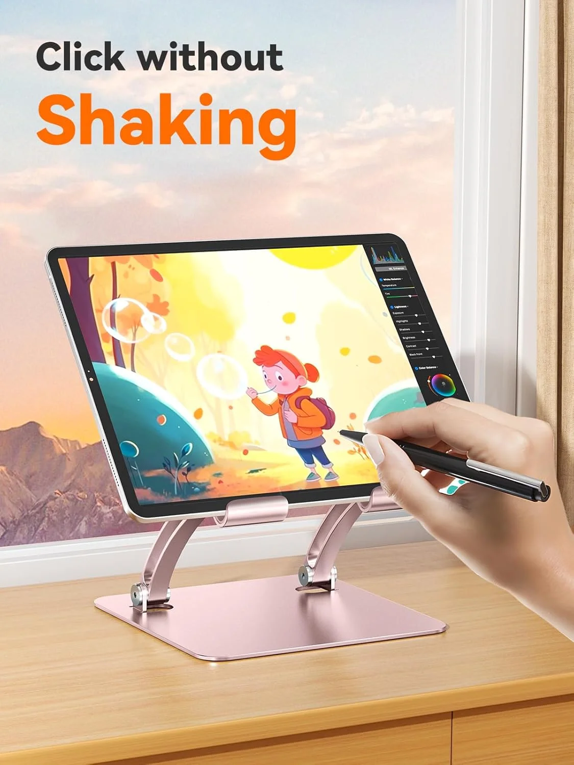 پایه نگهدارنده تبلت tounee، پایه رومیزی آلومینیومی قابل تنظیم با میله دوتایی، سازگار با آیپدها، تبلت های Surface، مانیتور قابل حمل، Kindle و موارد دیگر (رزگلد)