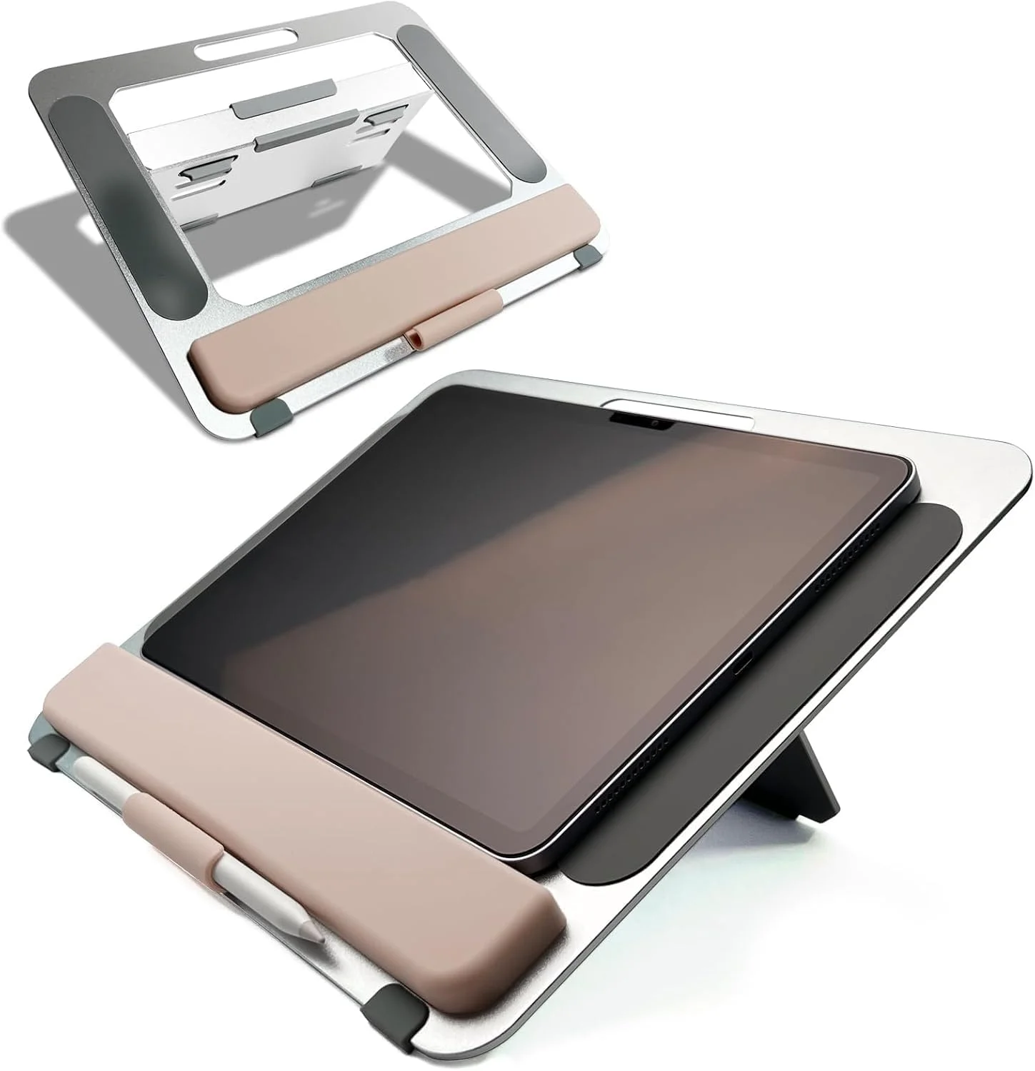 پایه تبلت آلومینیومی برای آیپد ایر پرو سامسونگ گلکسی تب و سایر تبلت های 9.7/10.2/10.9/11/13 اینچی، پایه قابل تنظیم قابل حمل با استراحتگاه مچ دست و نگهدارنده مداد، مناسب برای طراحی/میز/نوشتن (نقره ای)