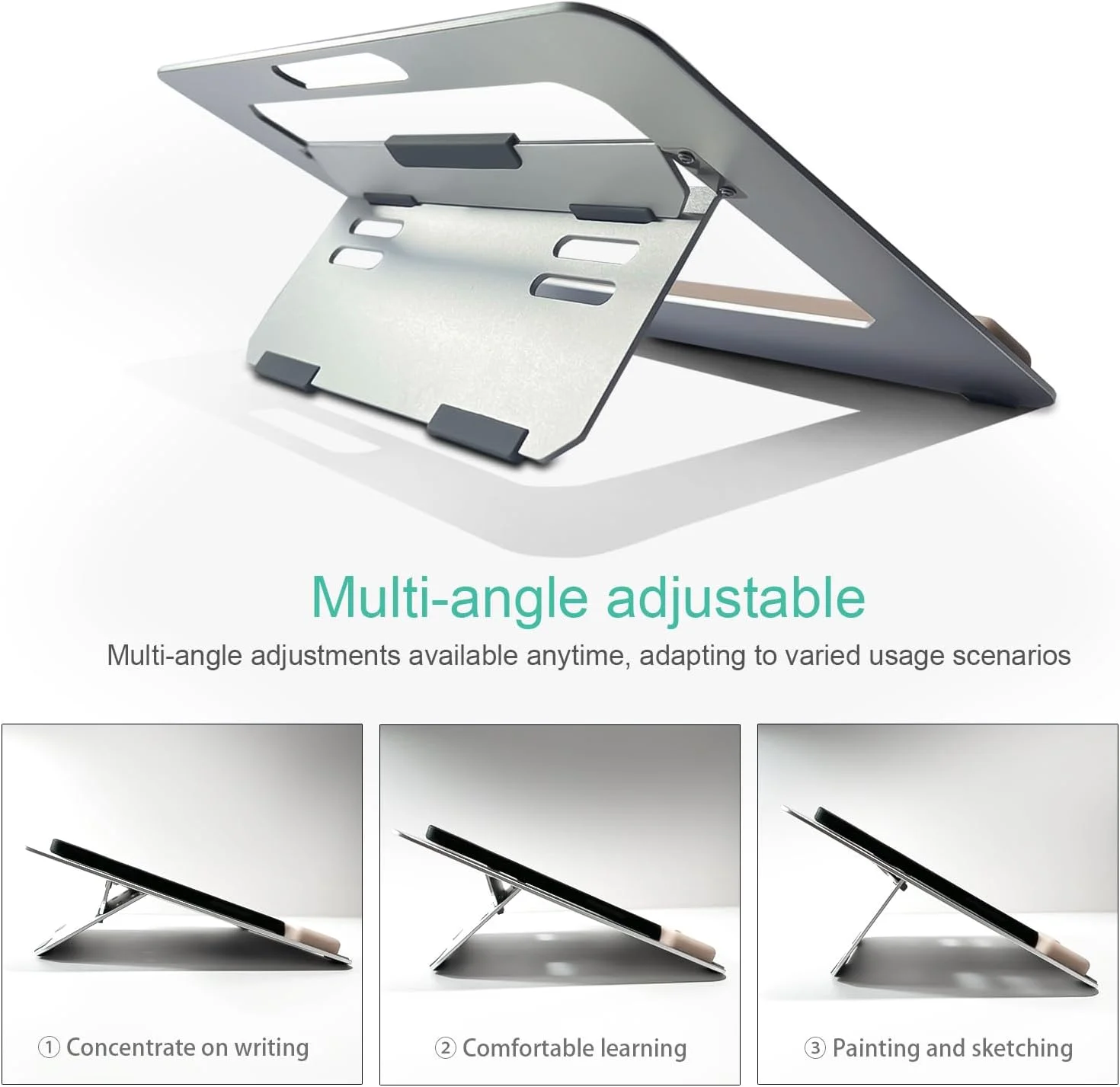پایه تبلت آلومینیومی برای آیپد ایر پرو سامسونگ گلکسی تب و سایر تبلت های 9.7/10.2/10.9/11/13 اینچی، پایه قابل تنظیم قابل حمل با استراحتگاه مچ دست و نگهدارنده مداد، مناسب برای طراحی/میز/نوشتن (نقره ای)