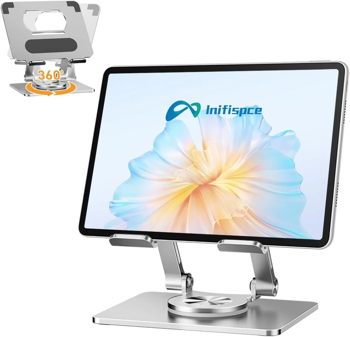 پایه آیپد برای میز، نگهدارنده تبلت با پایه چرخان 360 درجه ضخیم شده، پایه آلومینیومی قابل تنظیم دو میله ای برای همه آیپدها، سرفیس، تلفن سامسونگ، تبلت، کیندل، کتابخوان الکترونیکی 4 تا 12.9 اینچی و موارد دیگر، نقره ای