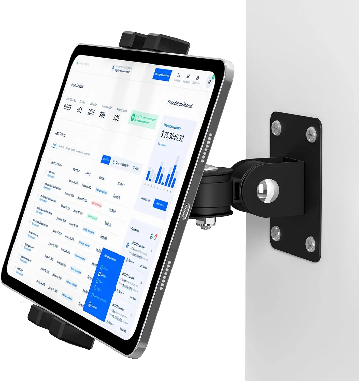 پایه دیواری آیپد، نگهدارنده دیواری تبلت - براکت چرخان 360 درجه، بازوی شیب افقی/عمودی 180 درجه، سازگار با دستگاه های 4.7 تا 12.9 اینچی از جمله آیپد پرو، مینی، ایر - ایده آل برای خانه، دفتر